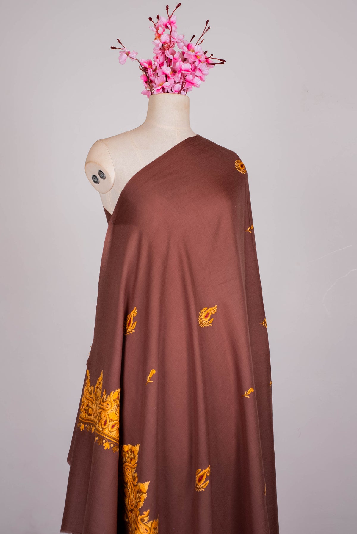 Fine Merino Wool Aari Hand Embroidered Shawl with Mustard Paisley Border