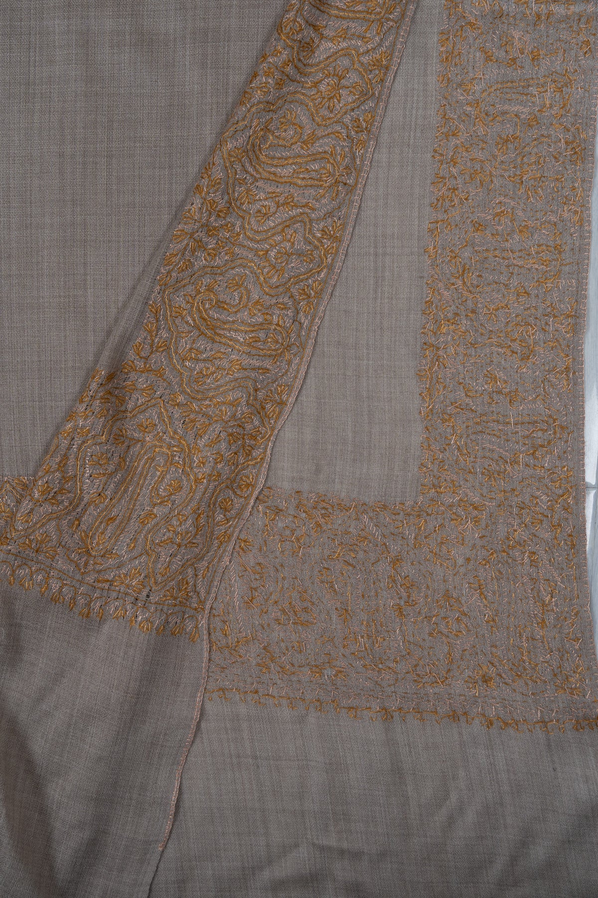 Ivory Sand Heirloom 2.5 Yards Sozni Hand Embroidered Shawl