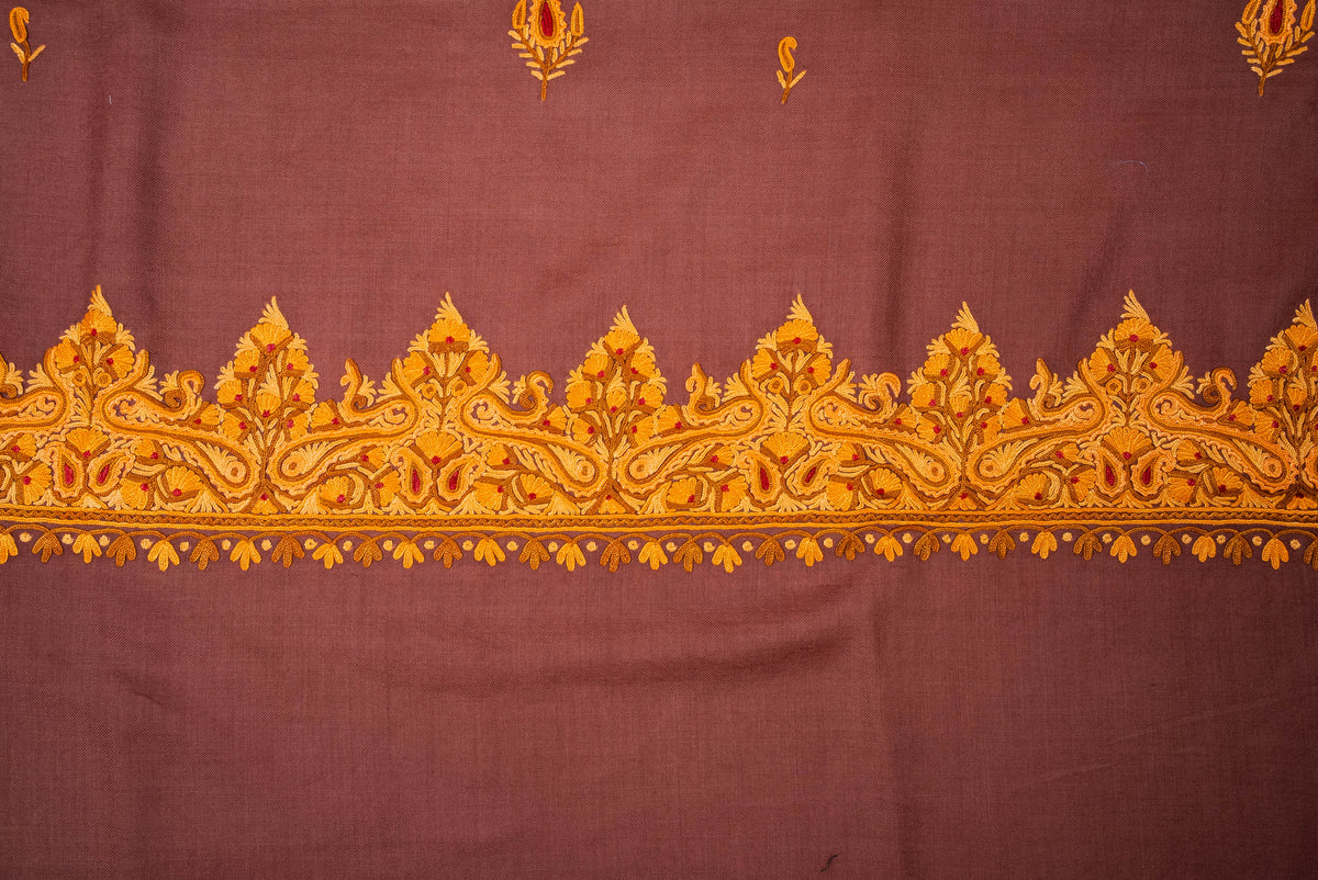 Fine Merino Wool Aari Hand Embroidered Shawl with Mustard Paisley Border