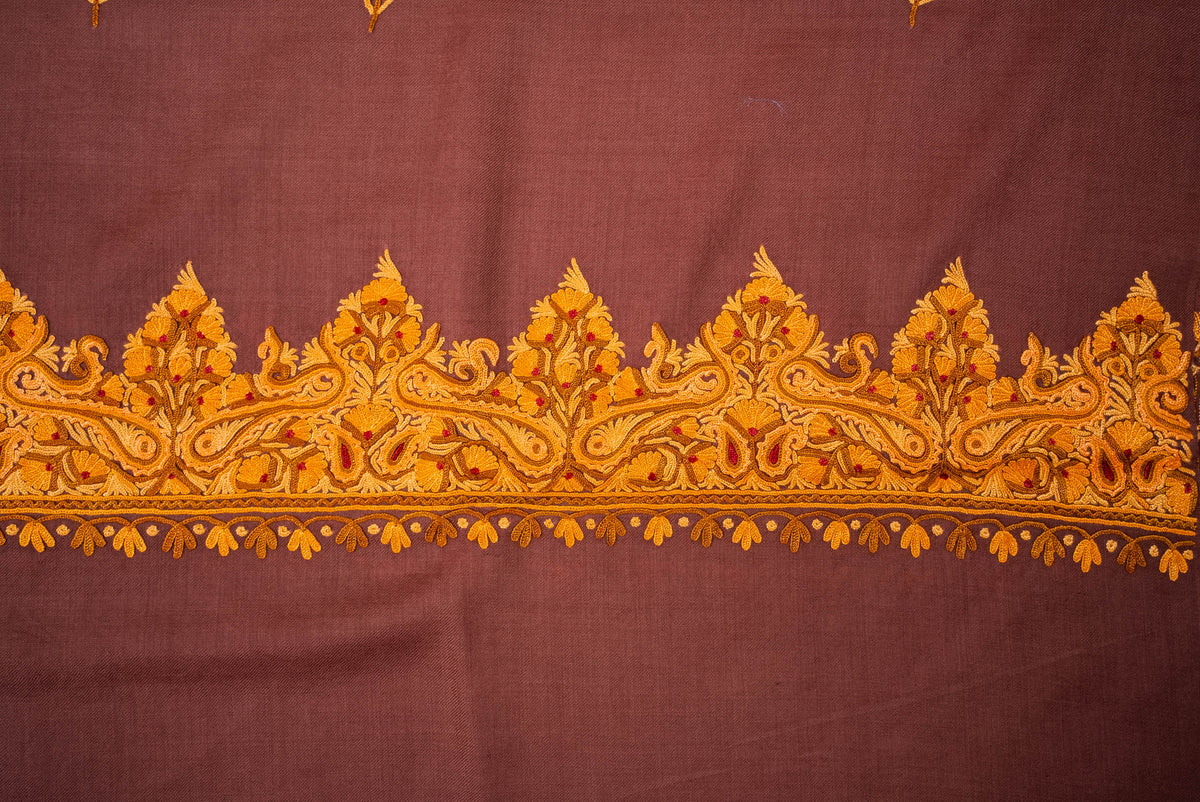 Fine Merino Wool Aari Hand Embroidered Shawl with Mustard Paisley Border