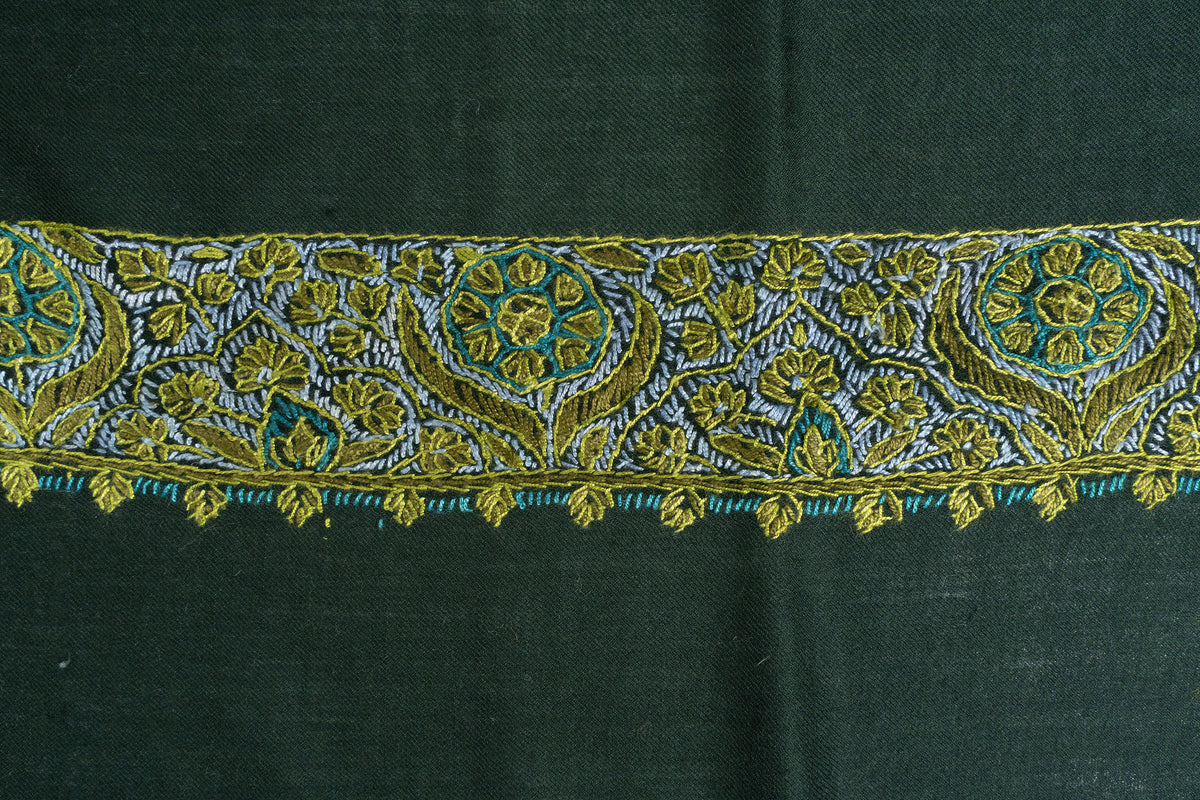 Close-up of the green rumal’s broad gold and ivory floral border with teal accents and small leaf edging