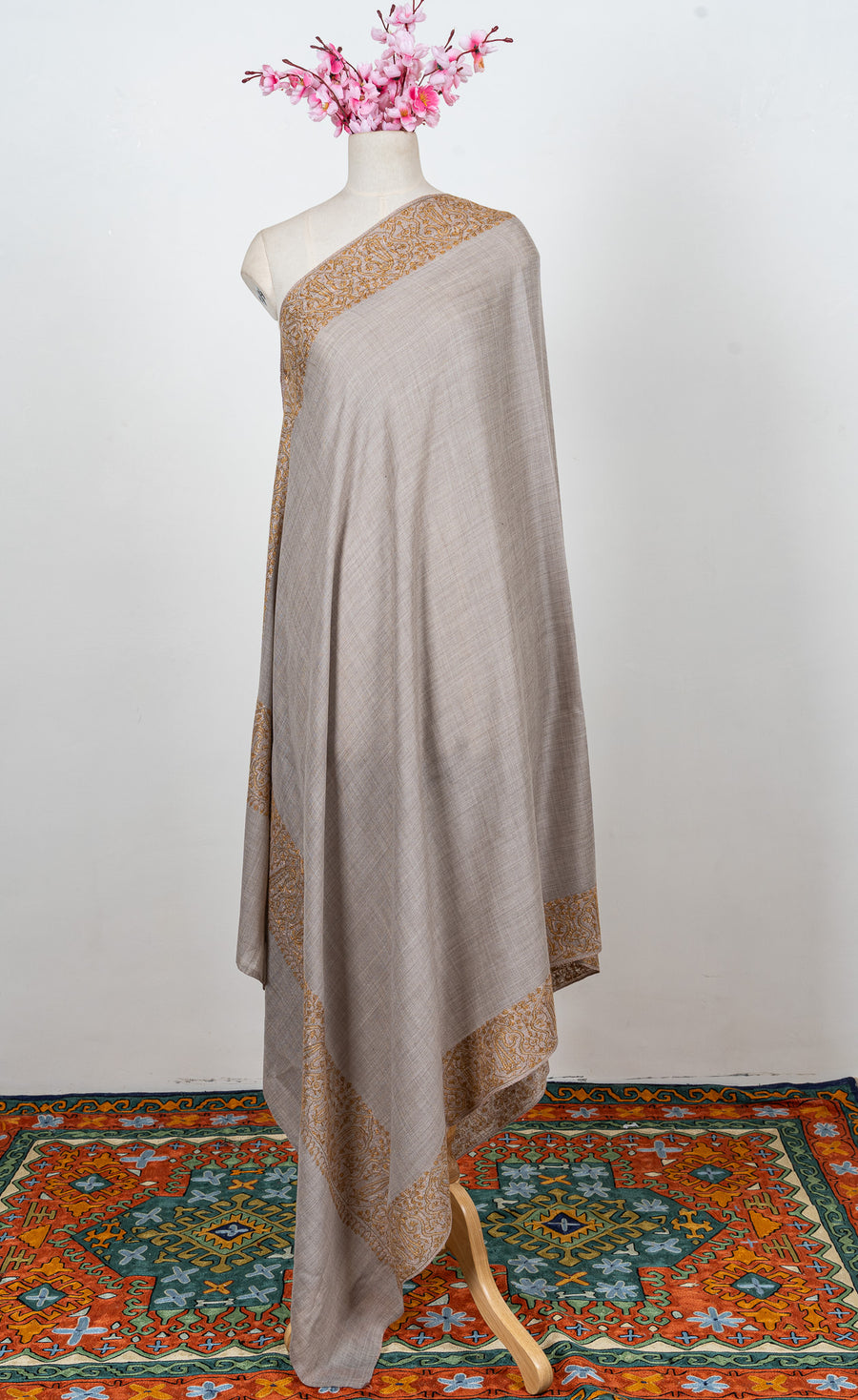 Ivory Sand Heirloom 2.5 Yards Sozni Hand Embroidered Shawl