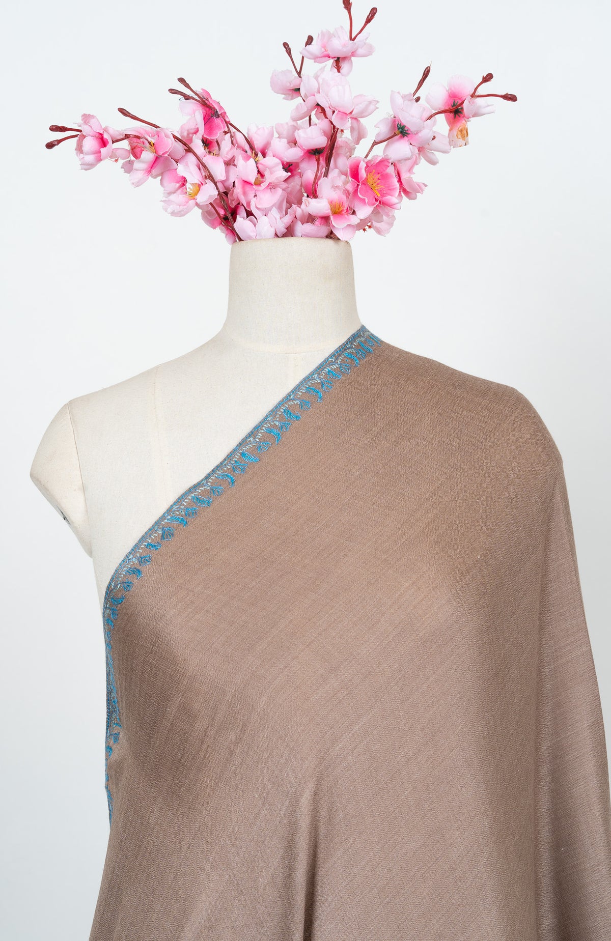 Taupe Azure Contrast 2.5 Yards Sozni Hand Embroidered Shawl