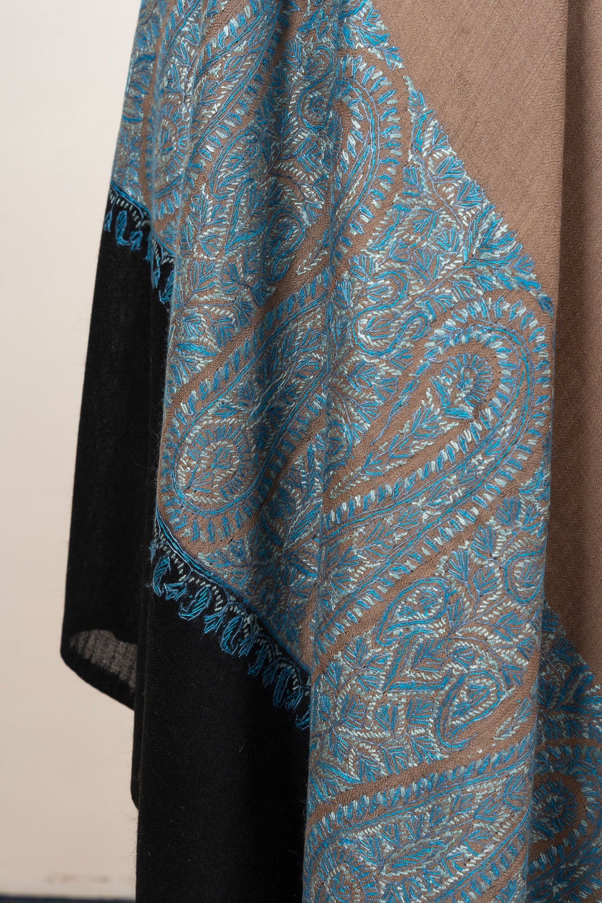 Taupe Azure Contrast 2.5 Yards Sozni Hand Embroidered Shawl