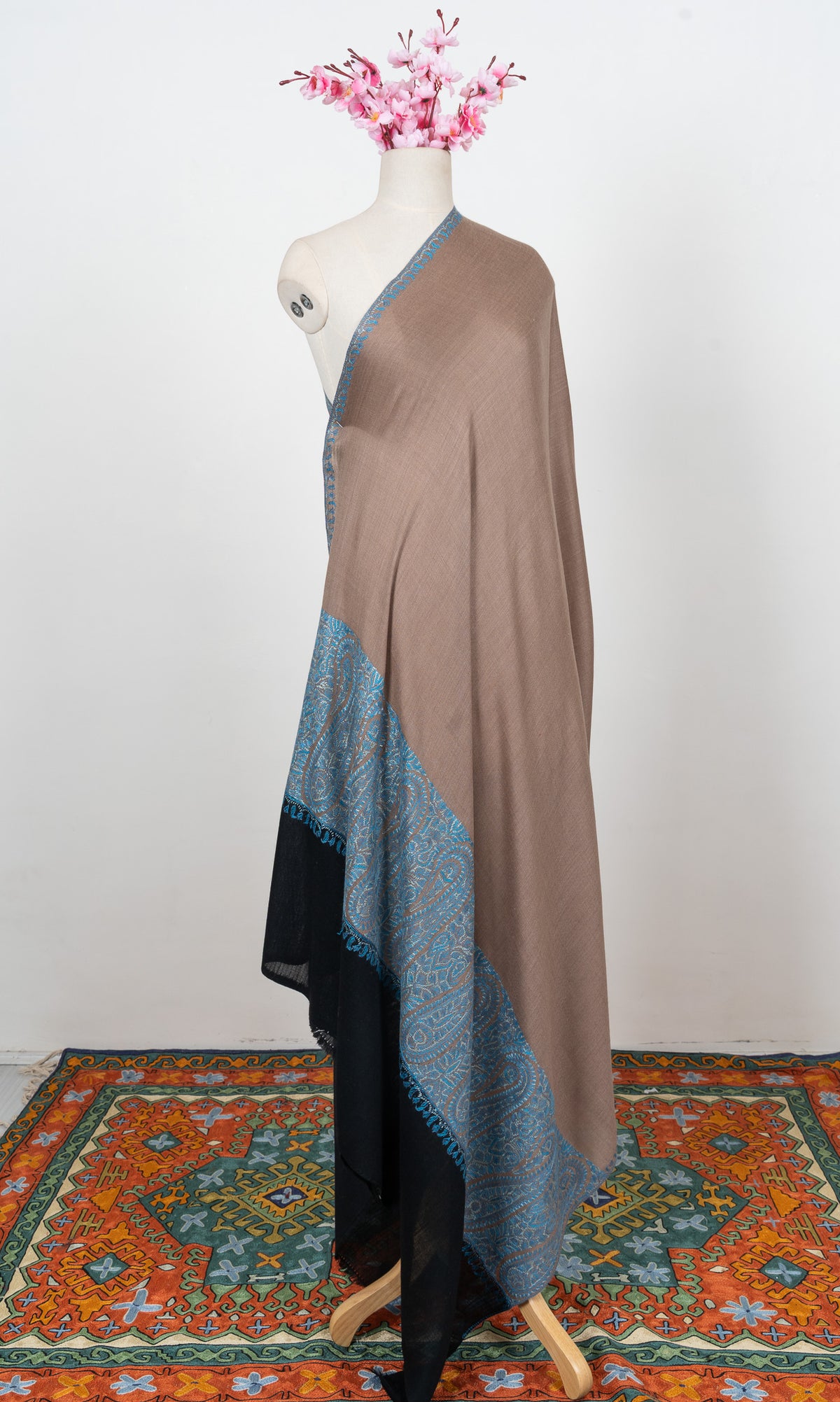 Taupe Azure Contrast 2.5 Yards Sozni Hand Embroidered Shawl