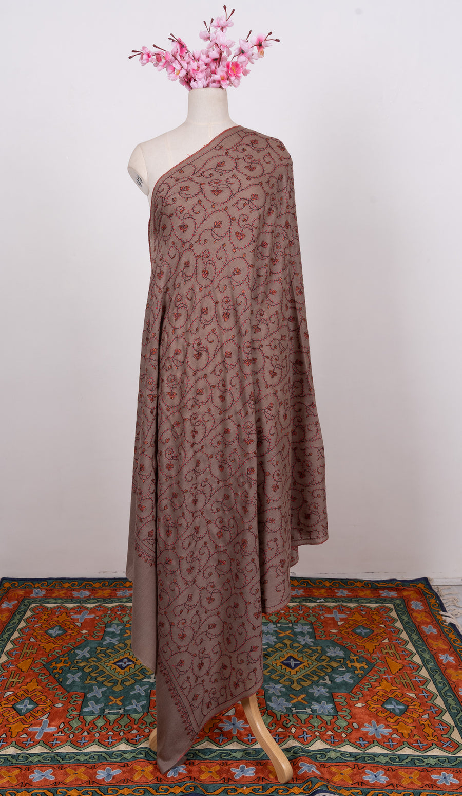 Antique Taupe 2.5 Yards Sozni Hand Embroidered Shawl
