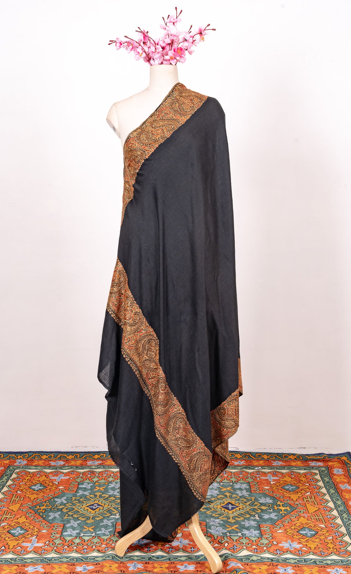 Midnight Ember 2.5 Yards Sozni Hand Embroidered Shawl