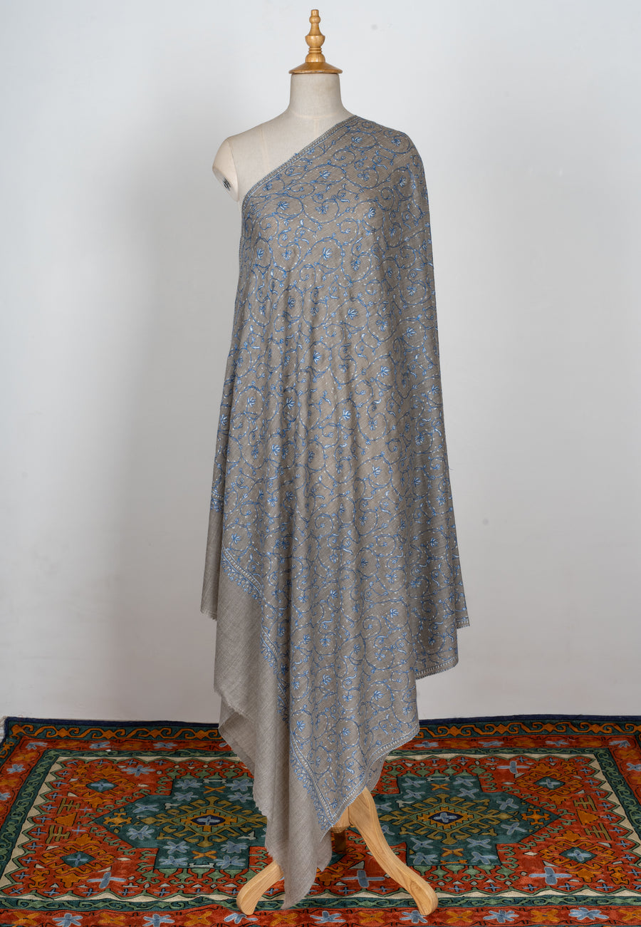 Sozni Jaal Hand-Embroidered Shawl in Dove Grey & Sky Blue