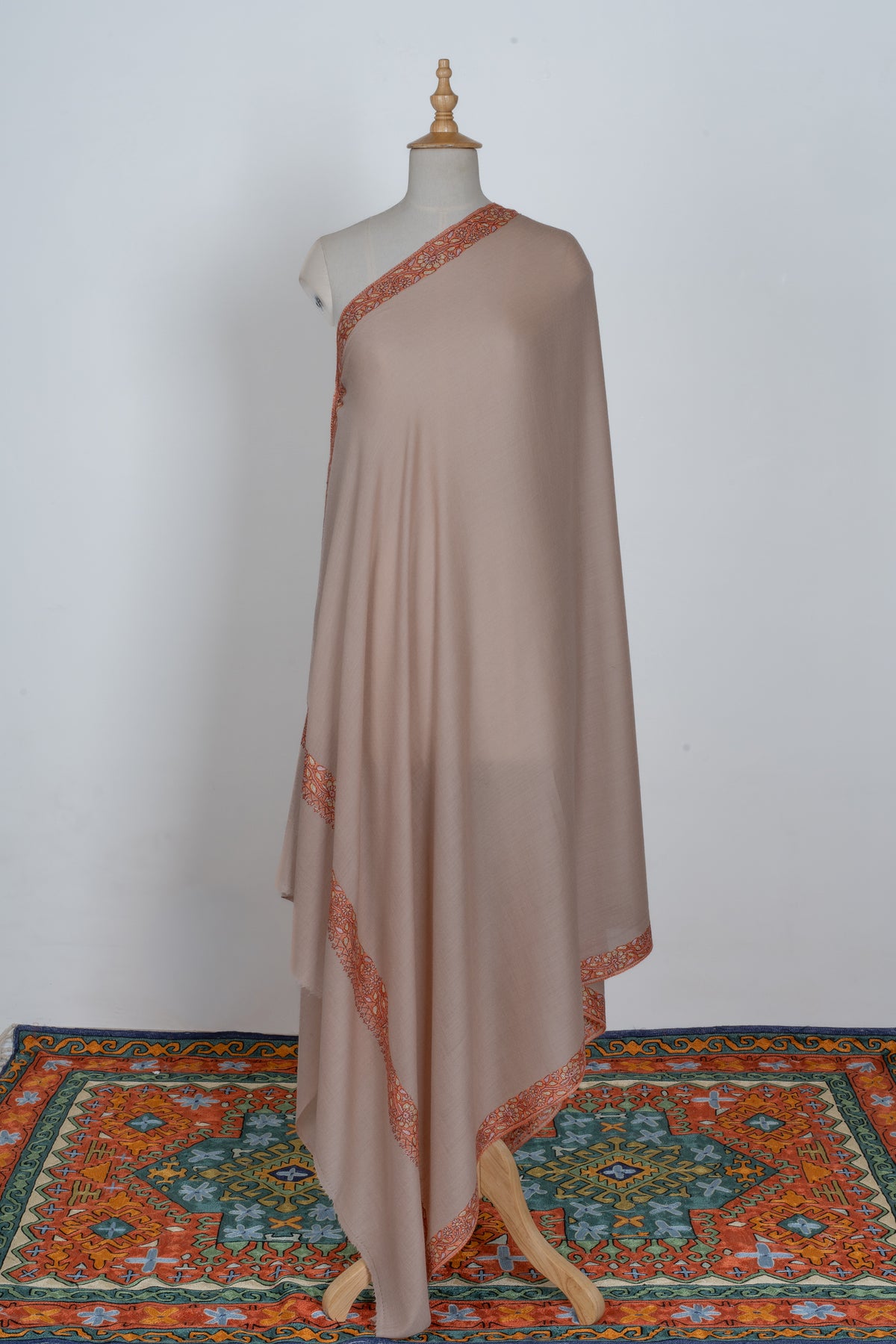 2.5 Yards | Gul-e-Narm — Sozni Hand-Embroidered Shawl in Beige with Rust & Ivory Borders