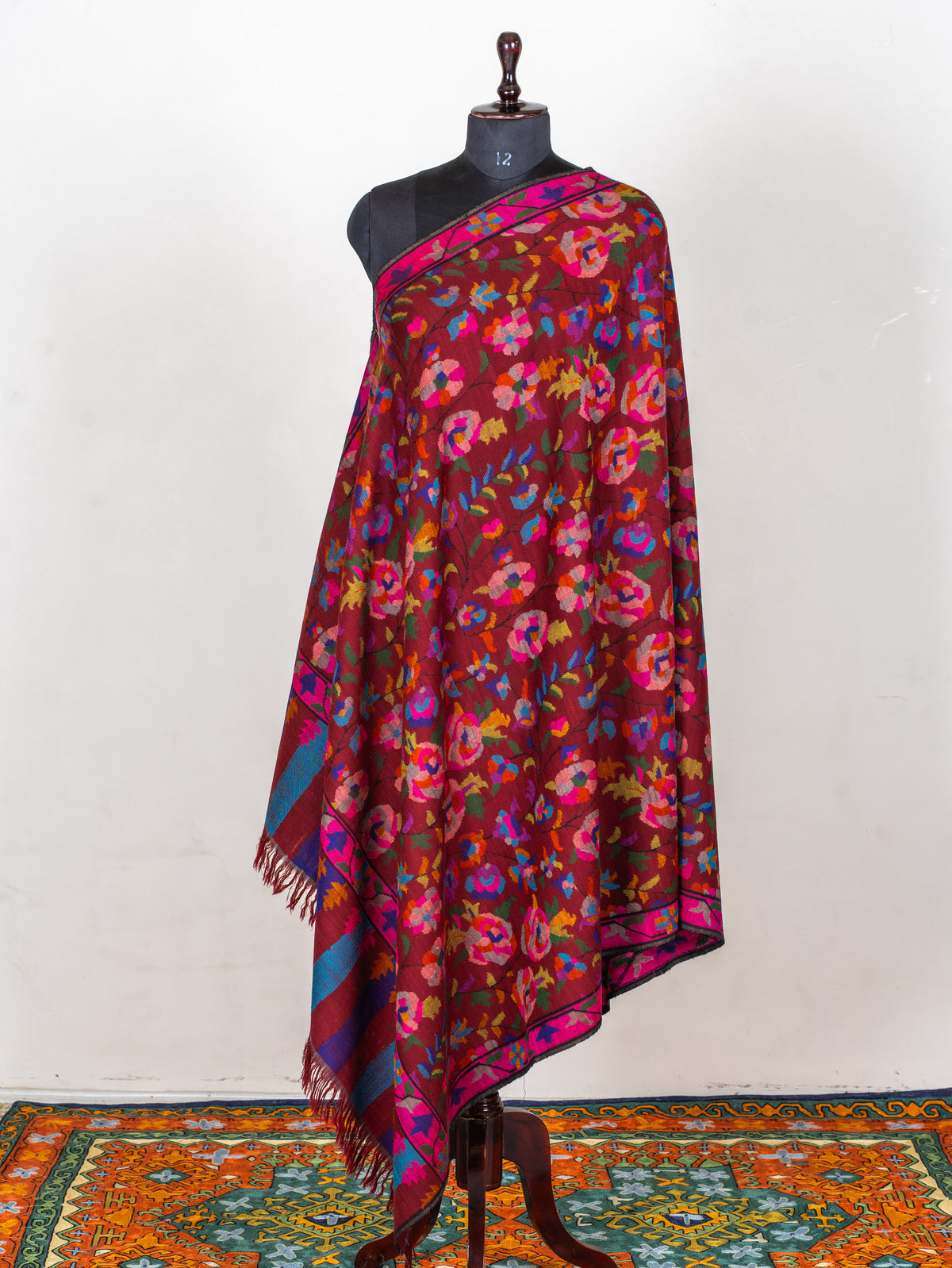 Crimson Bloom Pure Pashmina Hand Woven Kani Shawl