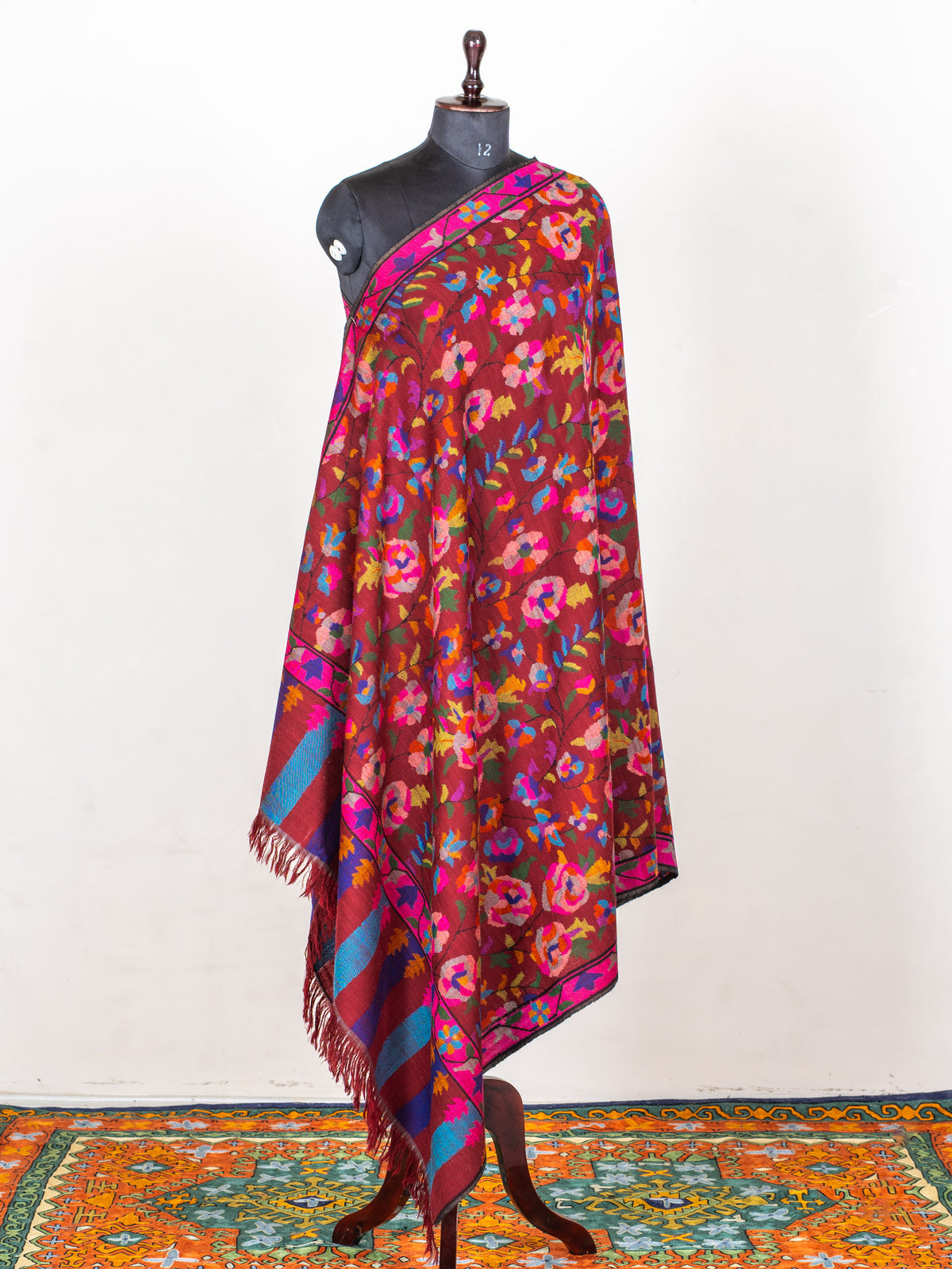 Crimson Bloom Pure Pashmina Hand Woven Kani Shawl