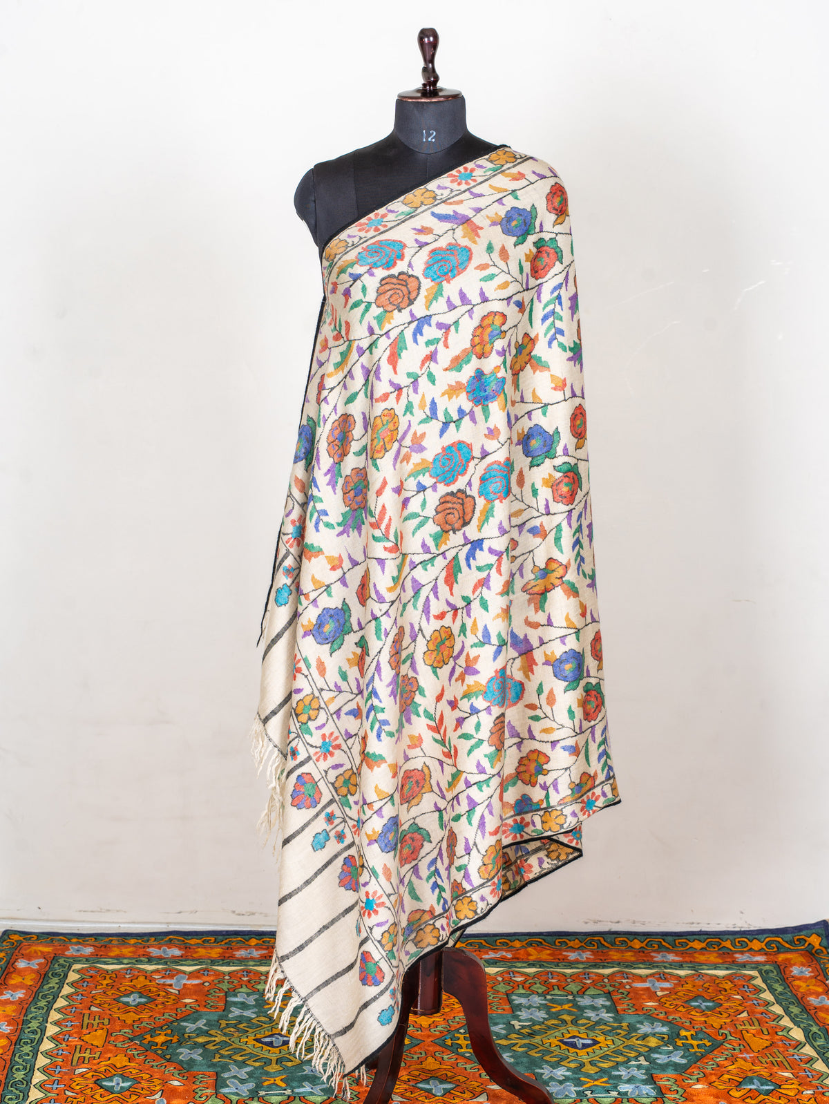 Ivory Rose Vine Hand Woven Kani Pure Pashmina Shawl
