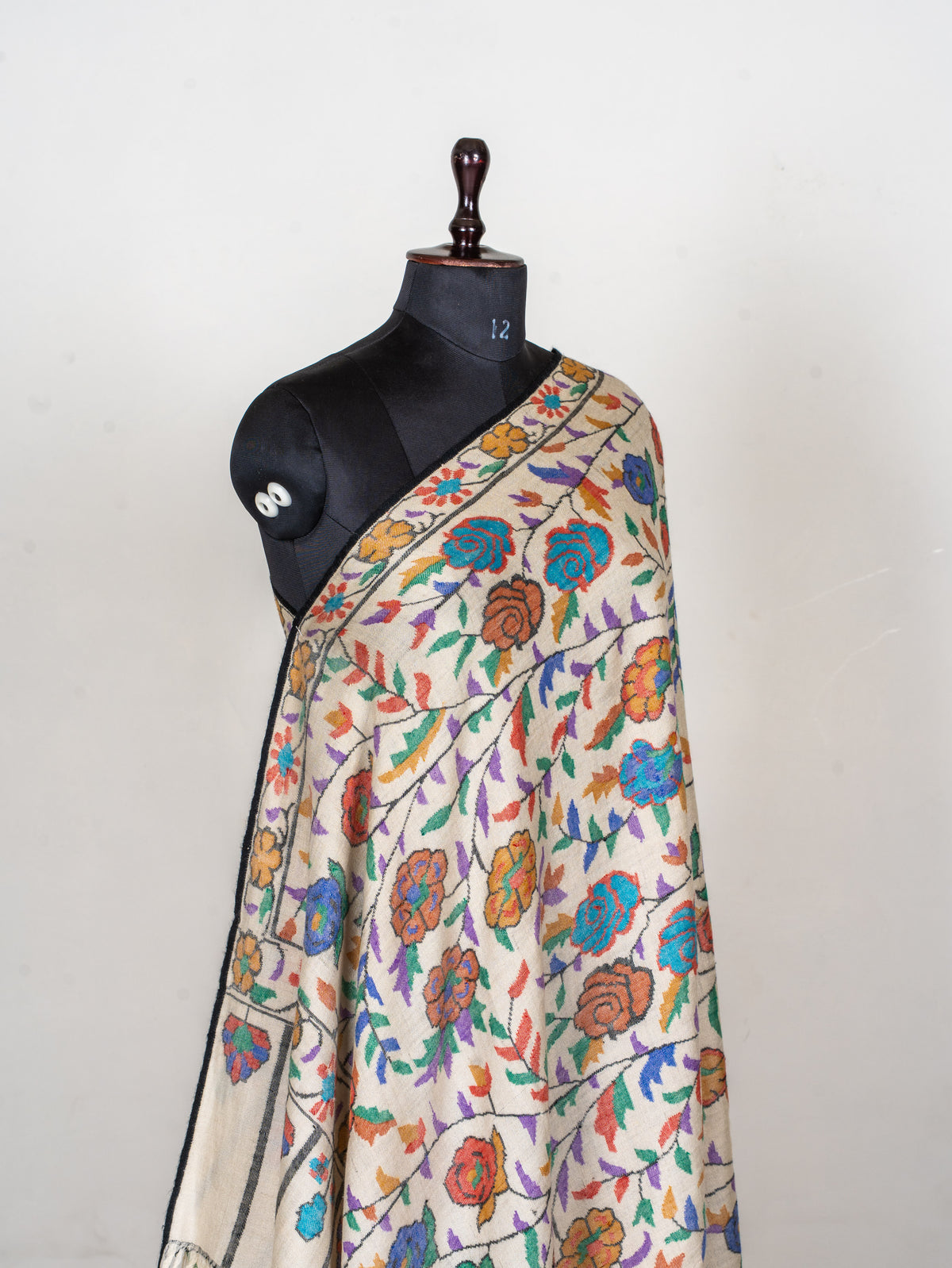 Ivory Rose Vine Hand Woven Kani Pure Pashmina Shawl