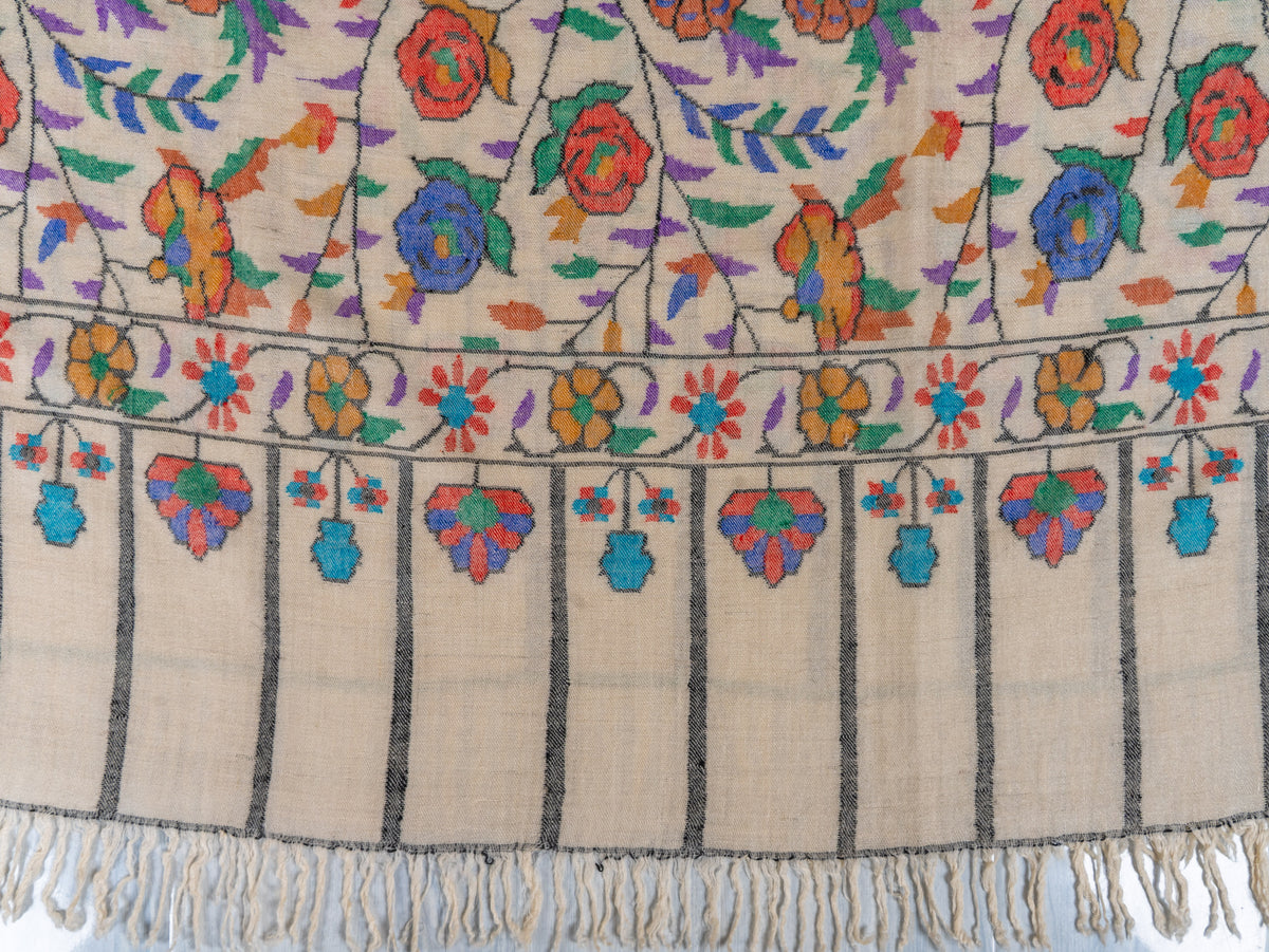 Ivory Rose Vine Hand Woven Kani Pure Pashmina Shawl