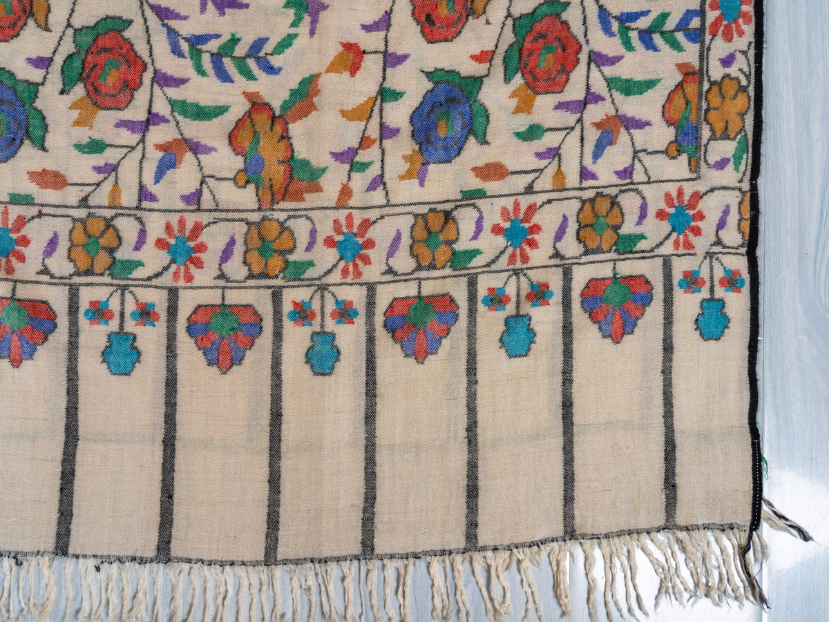 Ivory Rose Vine Hand Woven Kani Pure Pashmina Shawl