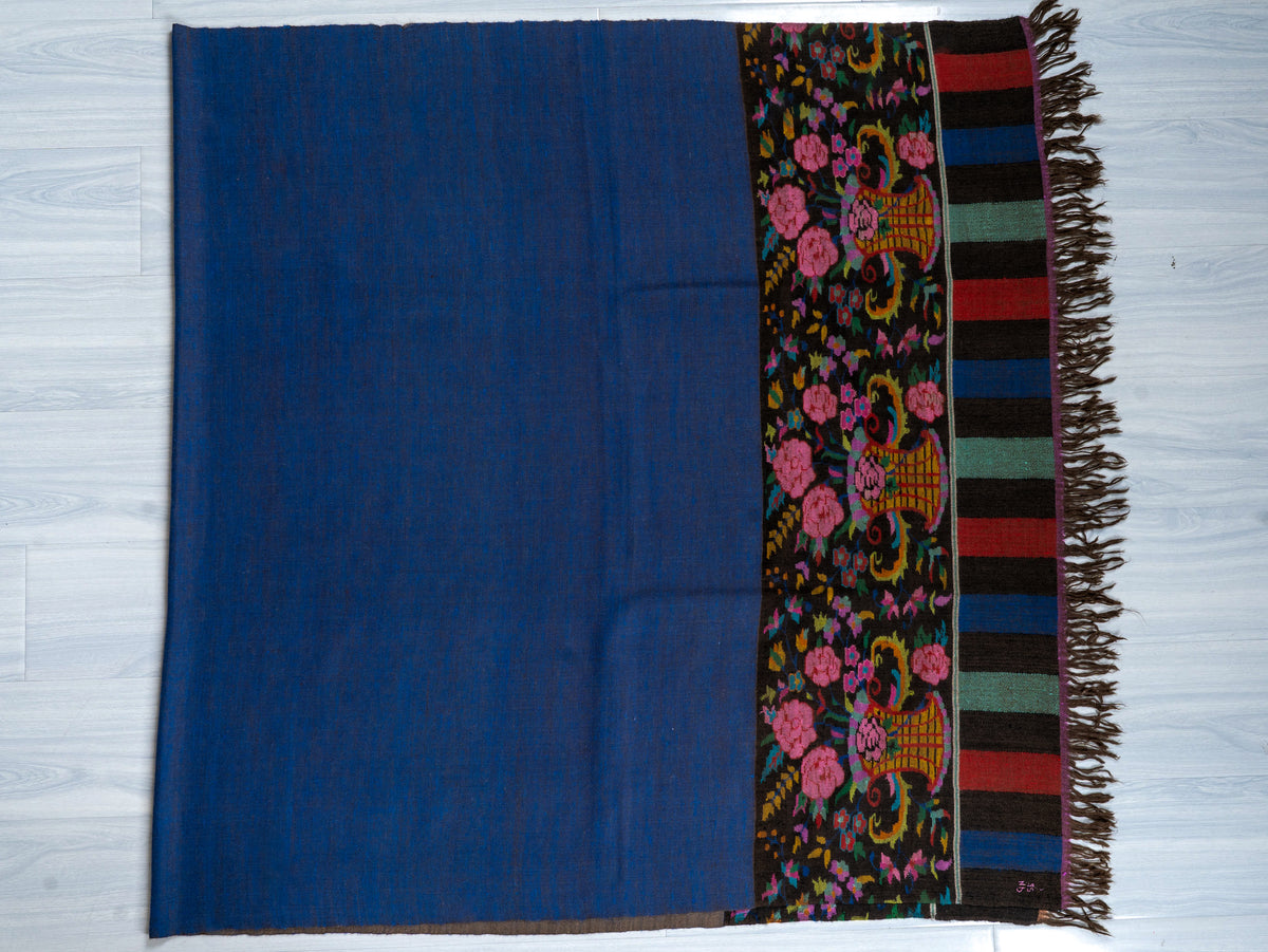 Cobalt Contrast Pure Pashmina Hand Woven Kani Shawl