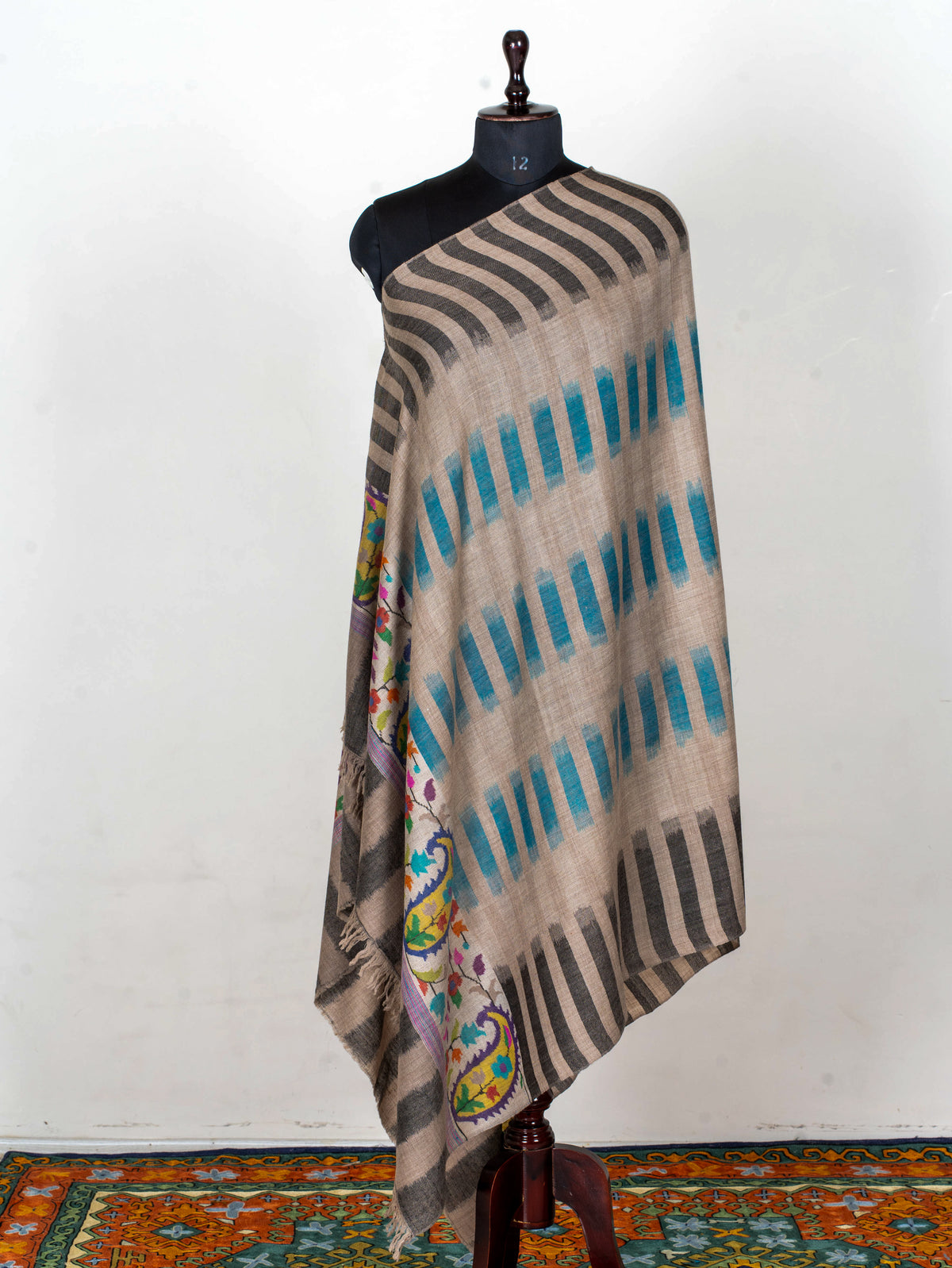 Teal Geometry Hand Woven Kani Pure Pashmina Shawl