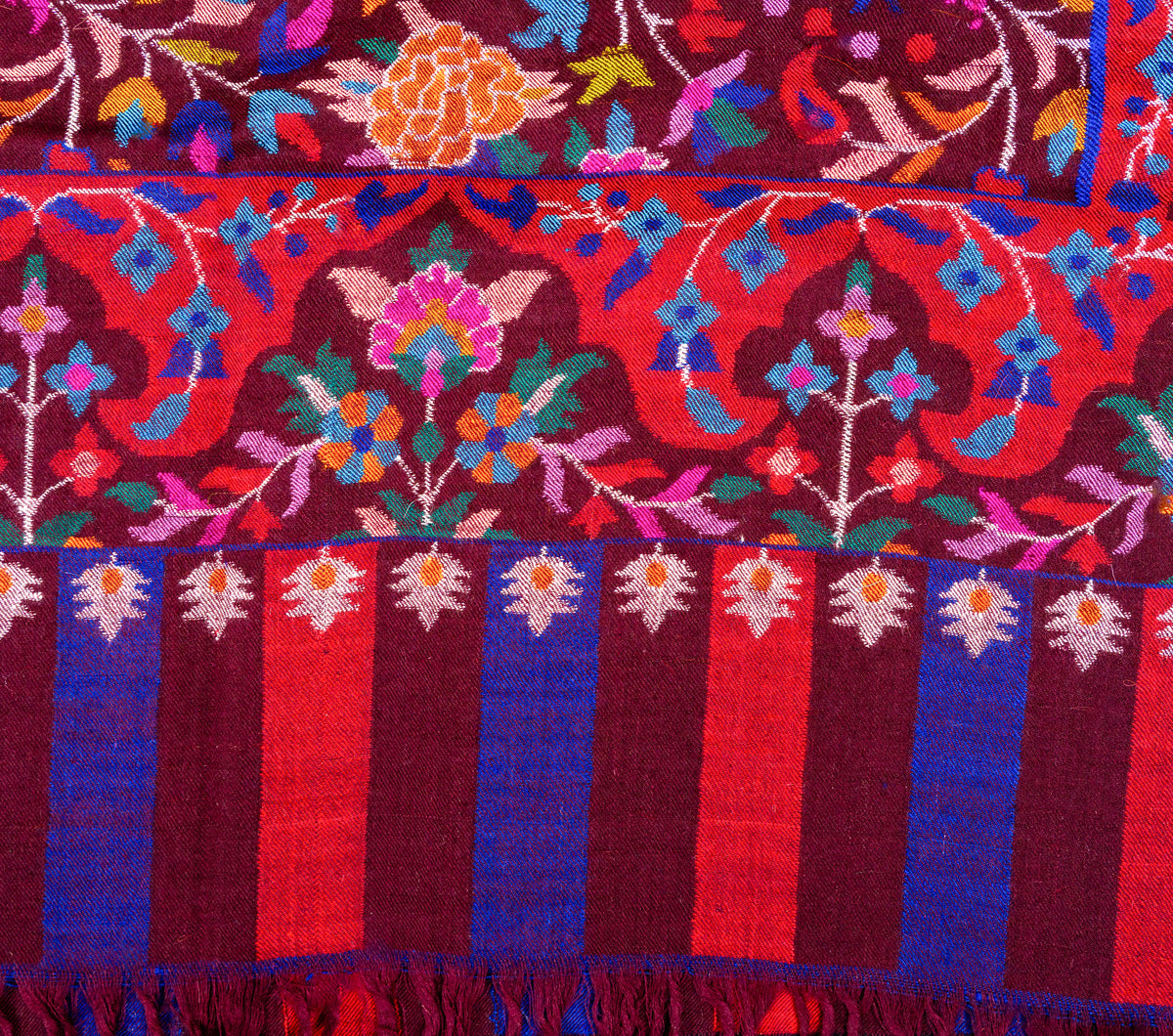 2.5 Yards Burgundy Tapestry Hand Woven Kani Pure Pashmina Shawl