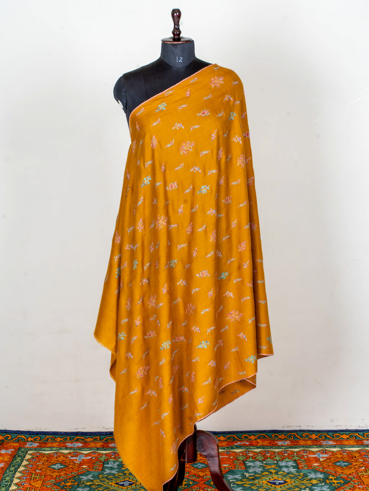 Saffron Sprigs Pure Pashmina Sozni Hand Embroidered Shawl