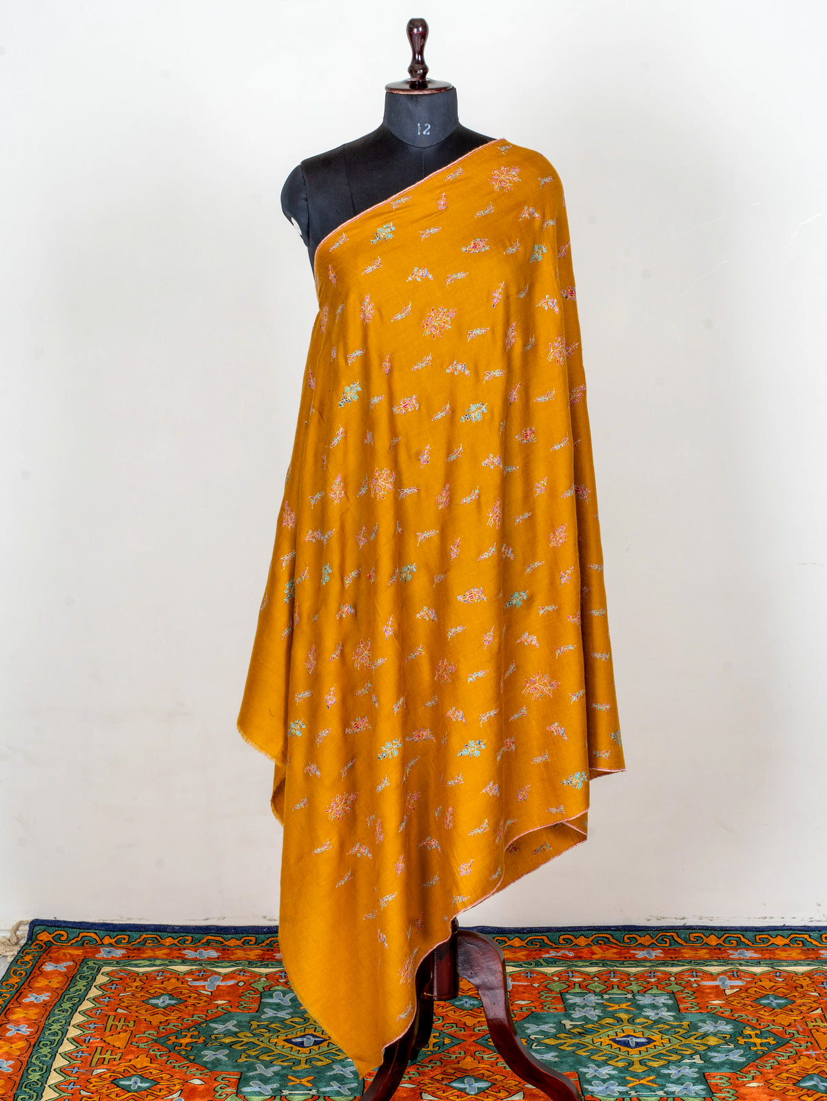 Saffron Sprigs Pure Pashmina Sozni Hand Embroidered Shawl
