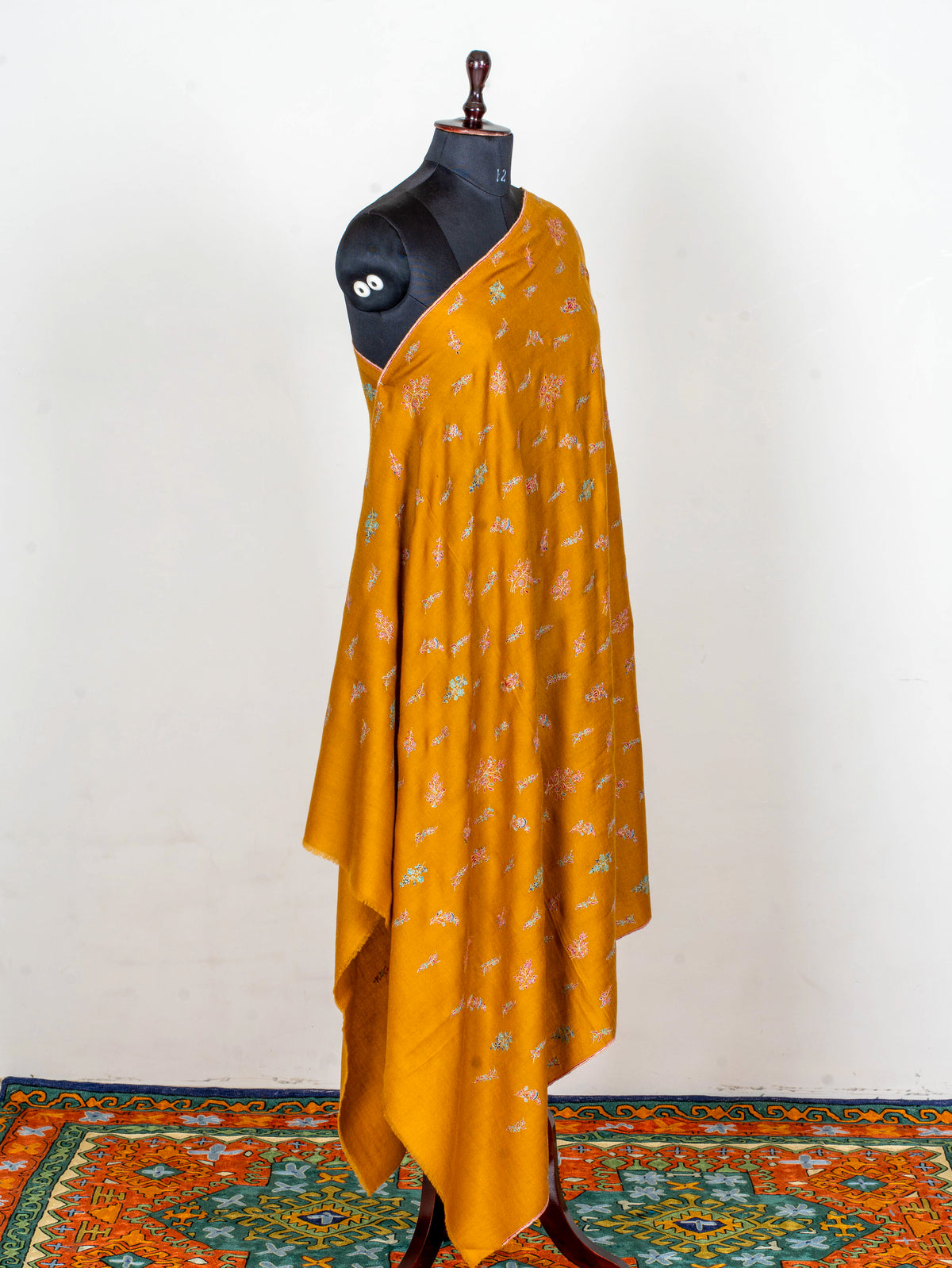 Saffron Sprigs Pure Pashmina Sozni Hand Embroidered Shawl