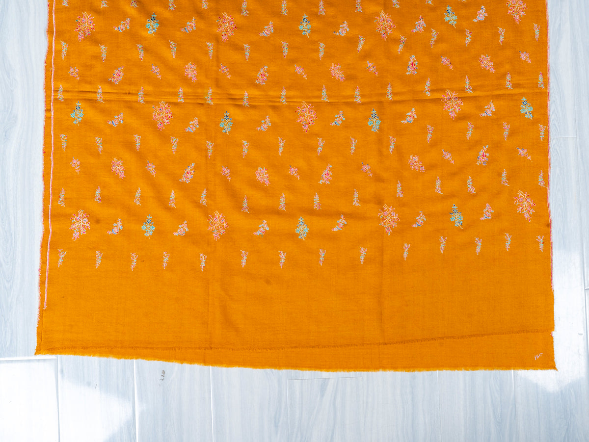 Saffron Sprigs Pure Pashmina Sozni Hand Embroidered Shawl