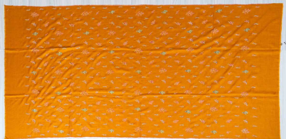 Saffron Sprigs Pure Pashmina Sozni Hand Embroidered Shawl