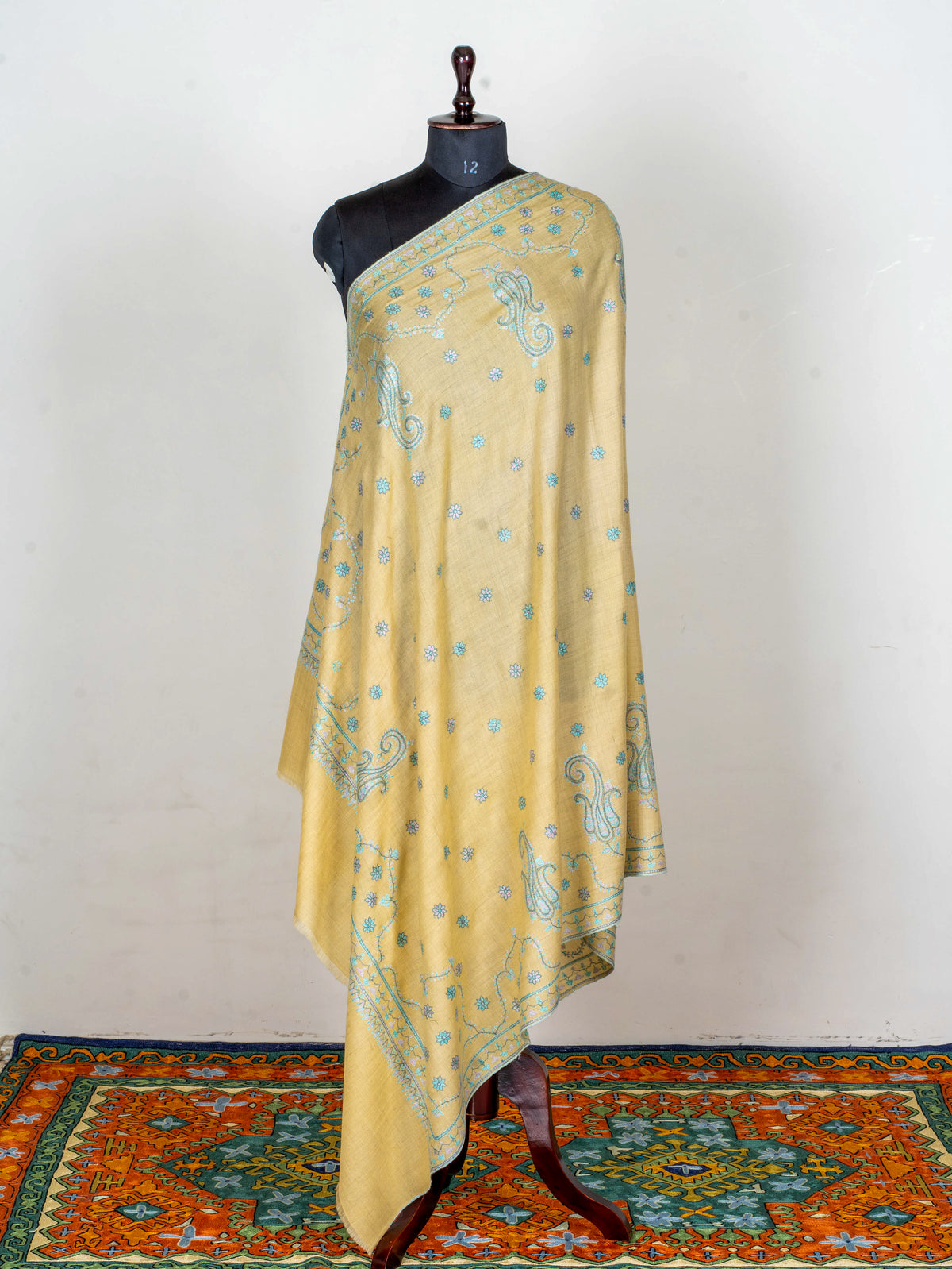 Turquoise Paisley Pure Pashmina Hand Embroidered Sozni Shawl
