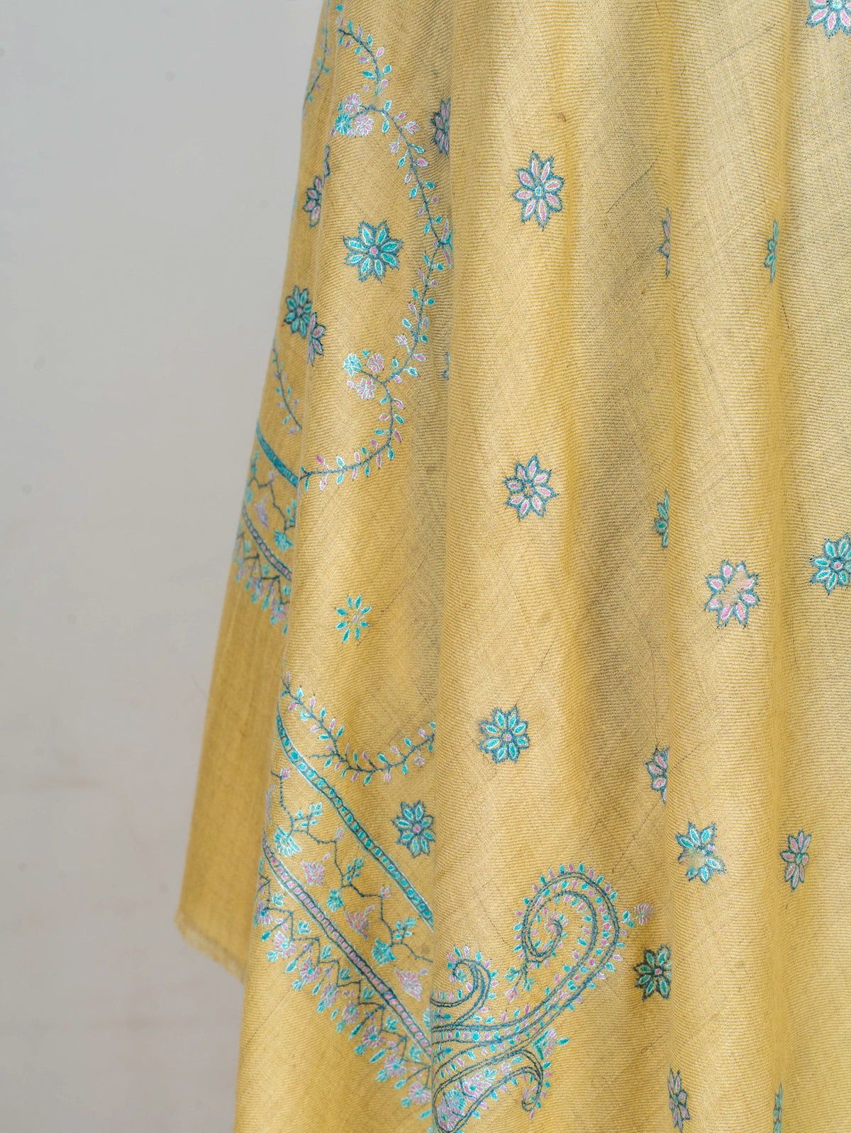 Turquoise Paisley Pure Pashmina Hand Embroidered Sozni Shawl