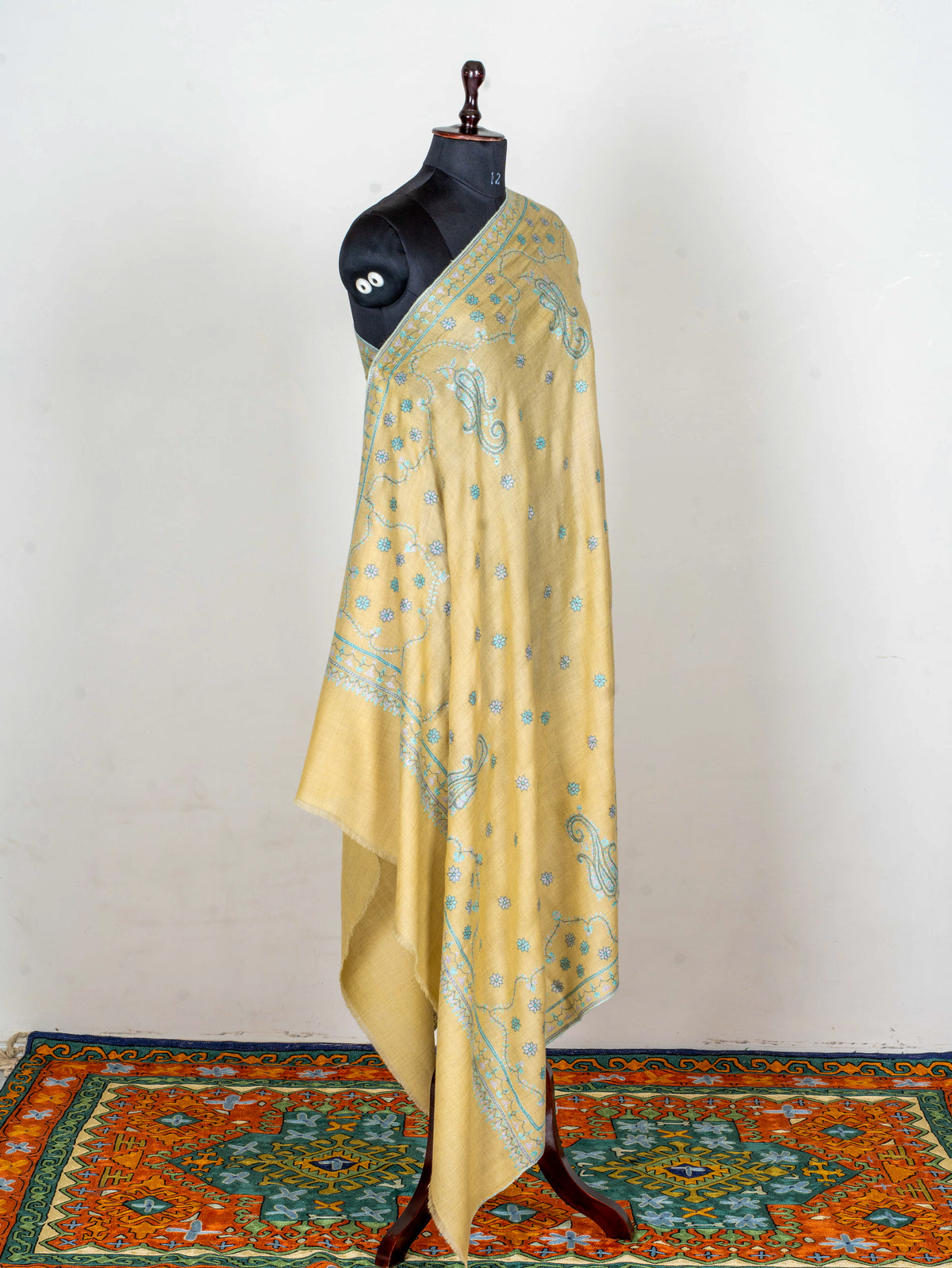 Turquoise Paisley Pure Pashmina Hand Embroidered Sozni Shawl