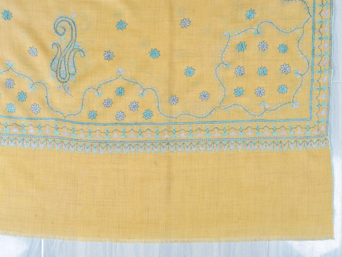 Turquoise Paisley Pure Pashmina Hand Embroidered Sozni Shawl