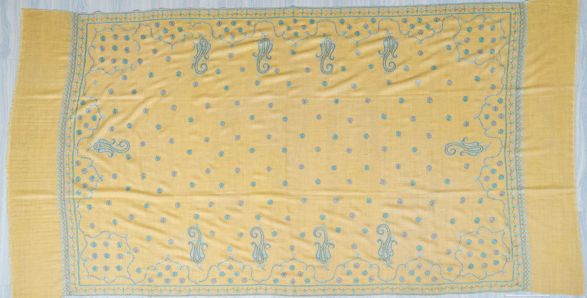 Turquoise Paisley Pure Pashmina Hand Embroidered Sozni Shawl