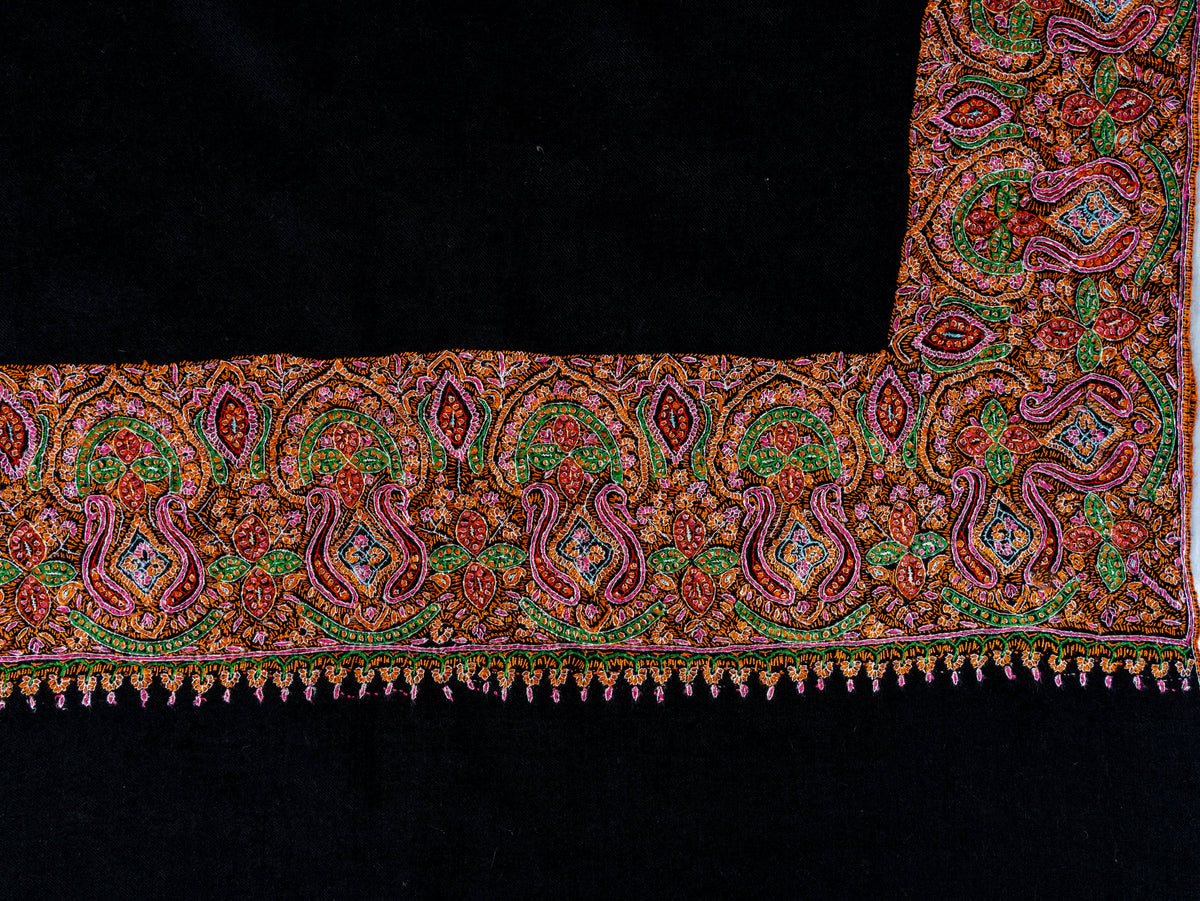 Midnight Border Pure Pashmina Sozni Hand Embroidered Shawl