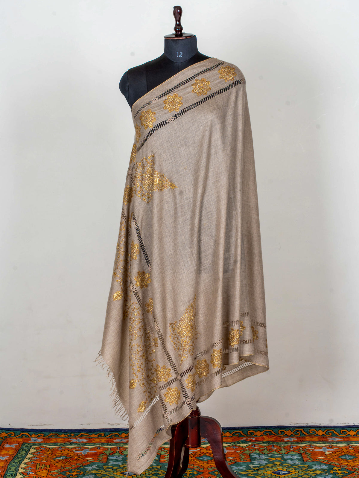 Golden Floral Frame Pure Pashmina Hand Embroidered Sozni Shawl