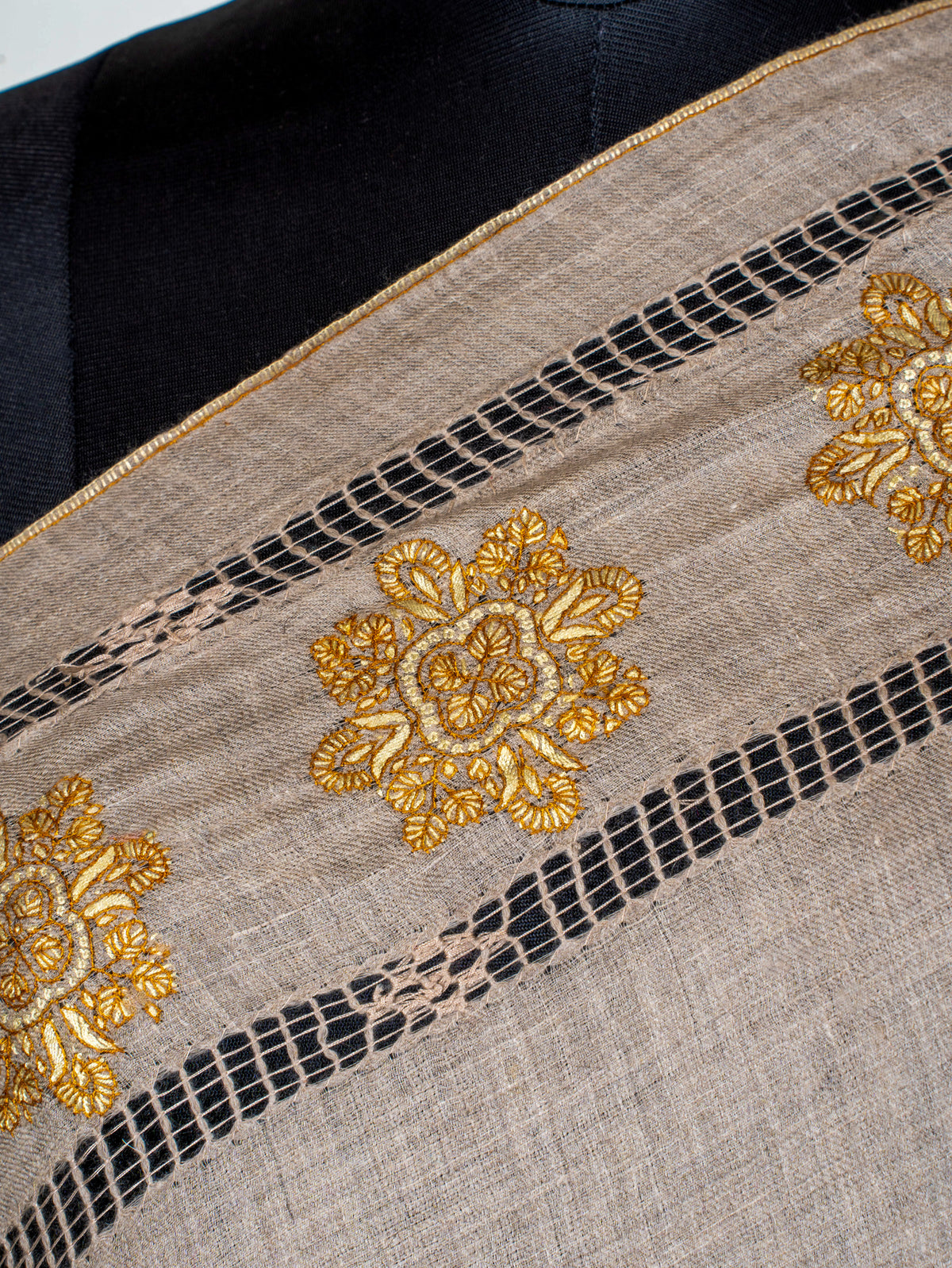 Golden Floral Frame Pure Pashmina Hand Embroidered Sozni Shawl