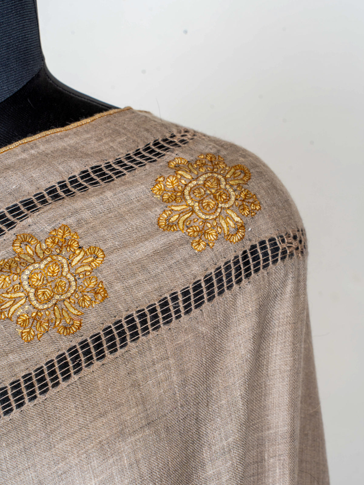 Golden Floral Frame Pure Pashmina Hand Embroidered Sozni Shawl