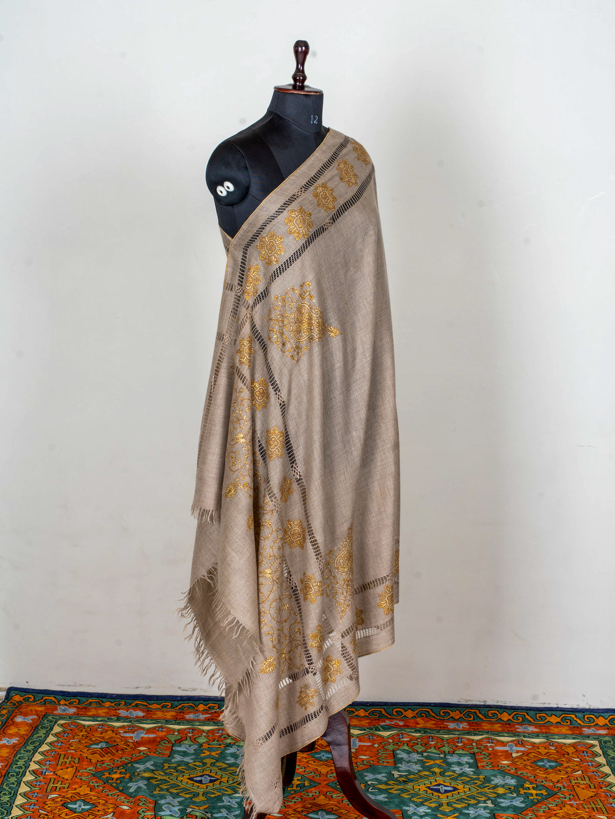 Golden Floral Frame Pure Pashmina Hand Embroidered Sozni Shawl