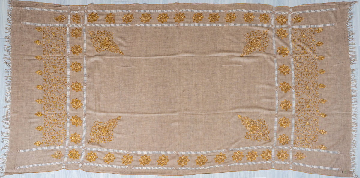 Golden Floral Frame Pure Pashmina Hand Embroidered Sozni Shawl
