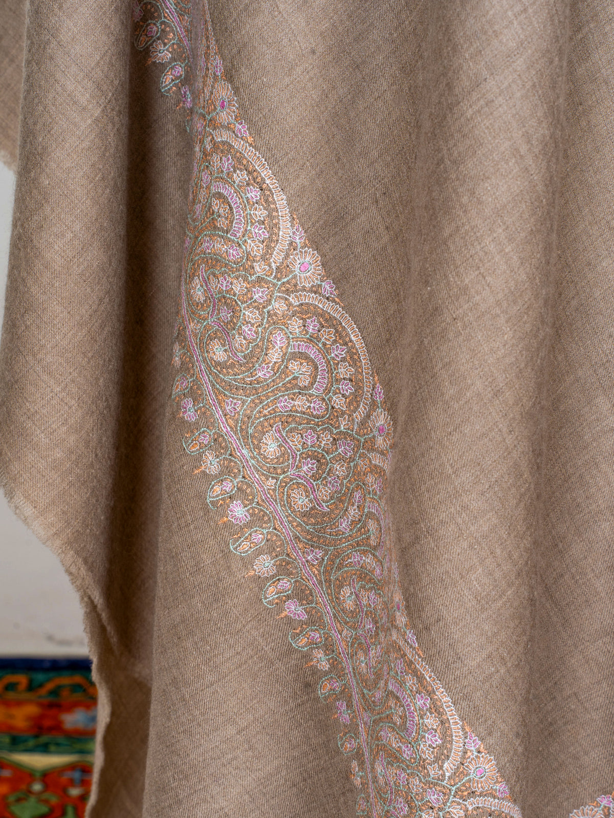 Soft Paisley Edge Pure Pashmina Sozni Hand Embroidered Shawl