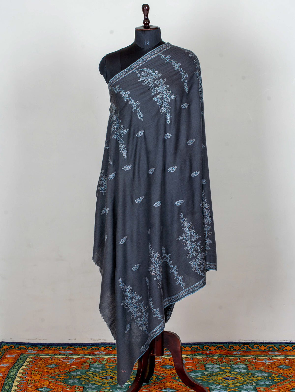 Blue Frost Pure Pashmina Hand Embroidered Sozni Shawl