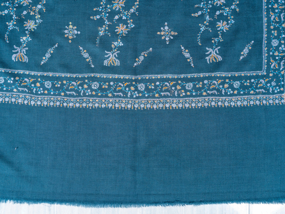 Teal Garden Pure Pashmina Sozni Hand Embroidered Shawl