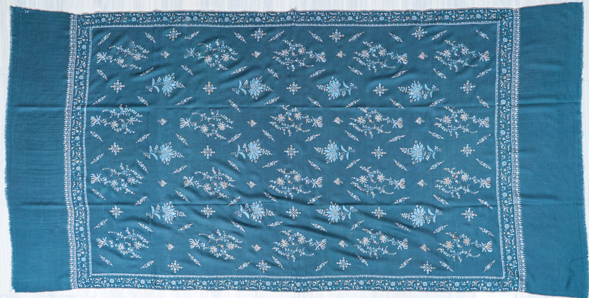 Teal Garden Pure Pashmina Sozni Hand Embroidered Shawl