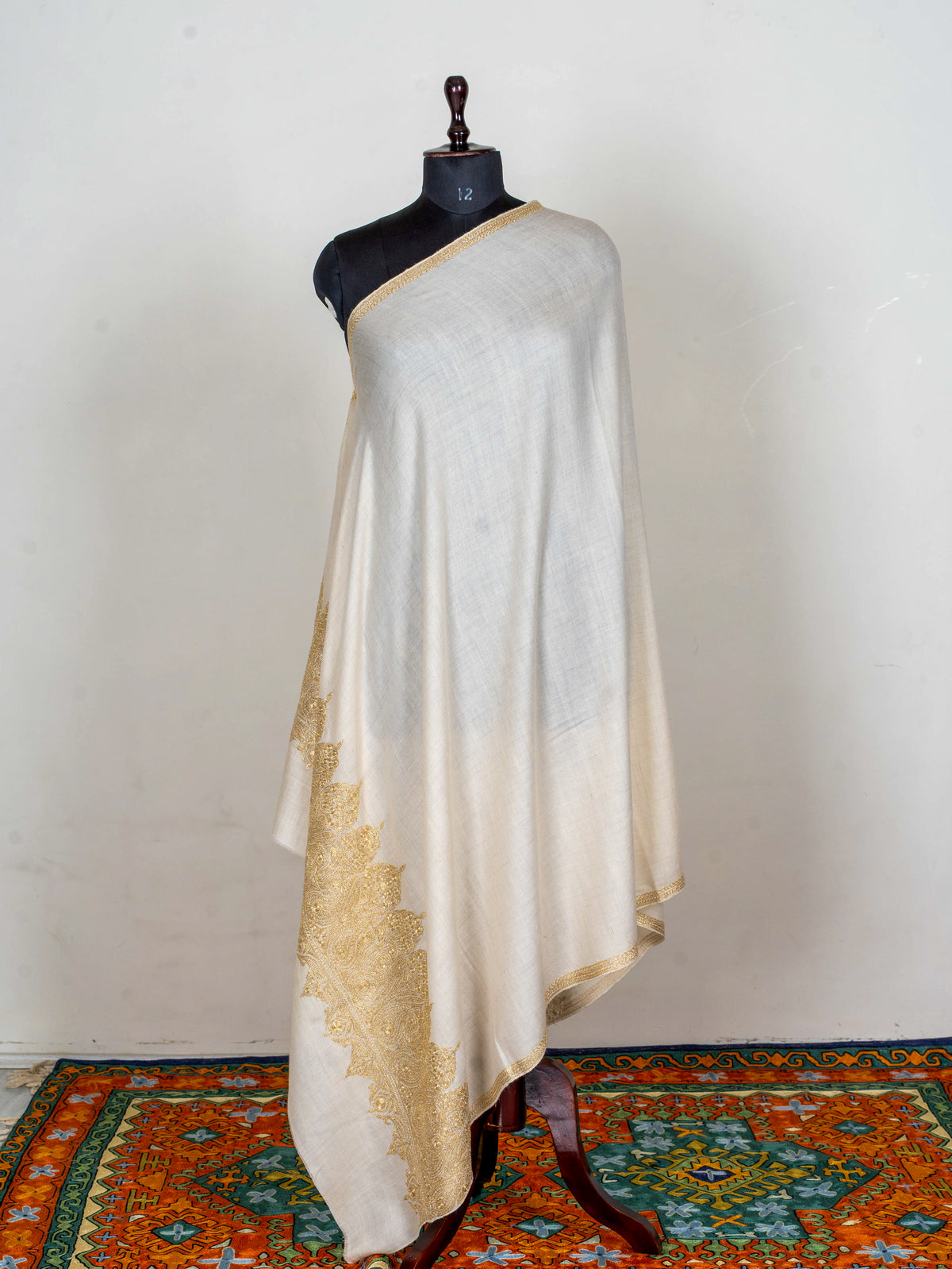 Ivory Gold Pure Pashmina Tilla Hand Embroidered Shawl