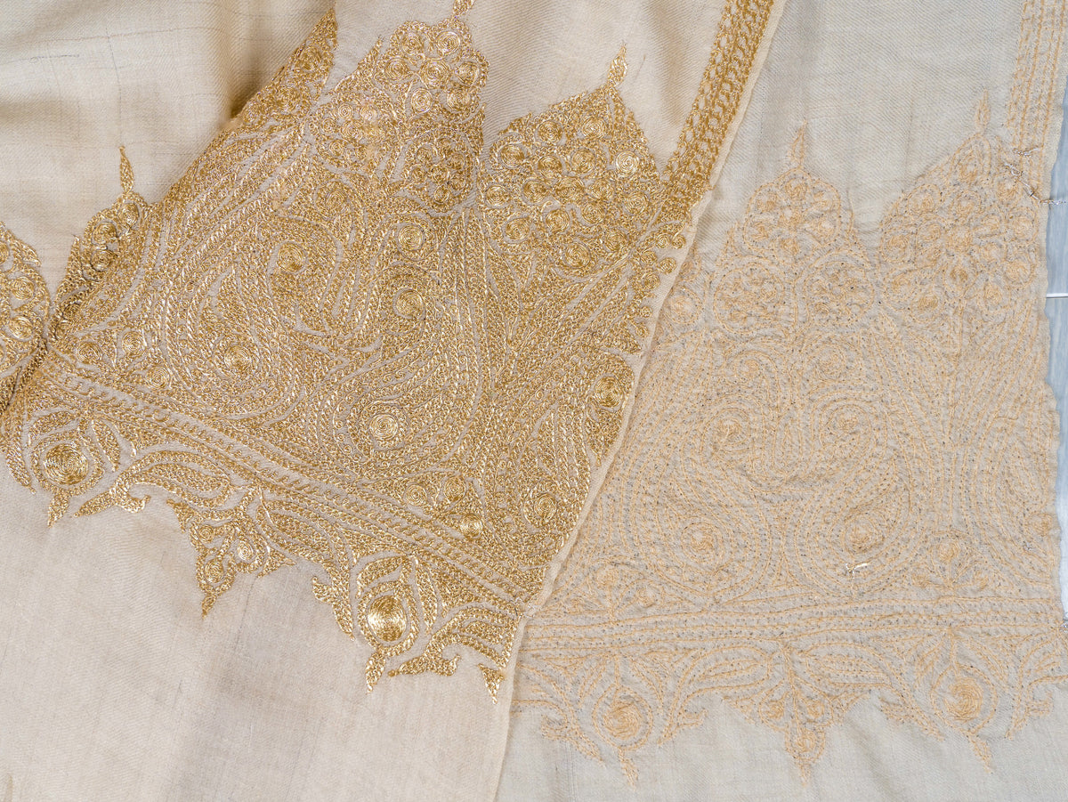 Ivory Gold Pure Pashmina Tilla Hand Embroidered Shawl