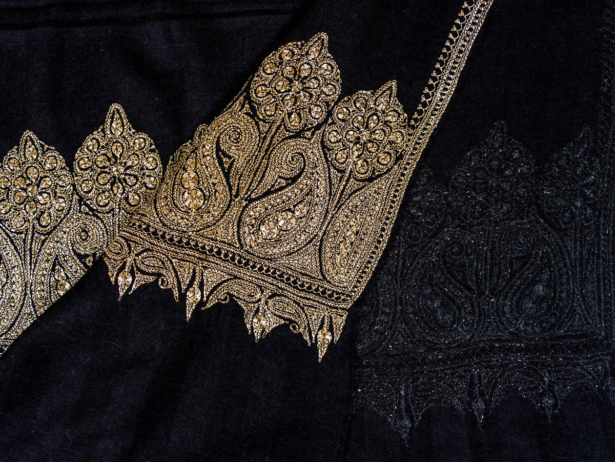 Noir Gold Pure Pashmina Tilla Hand Embroidered Shawl