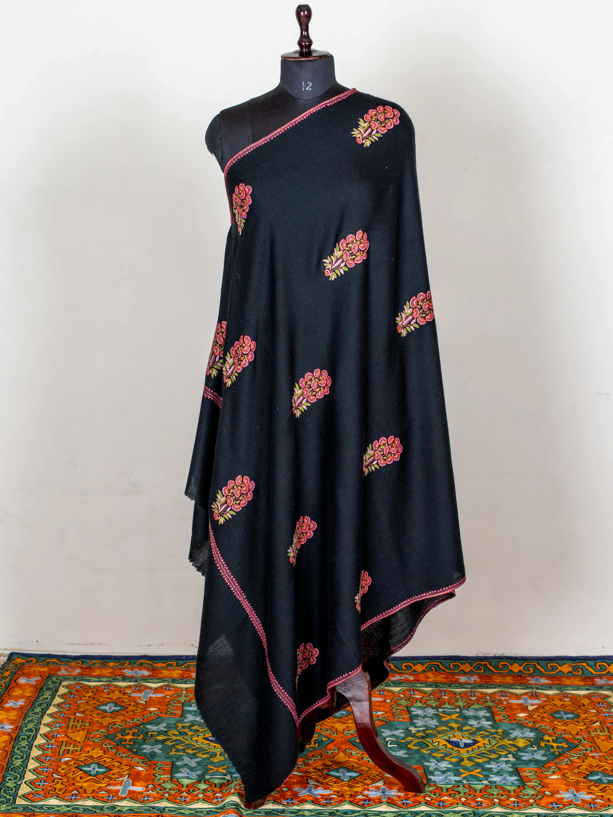 Crimson Bouquet Pure Pashmina Hand Embroidered Sozni Shawl