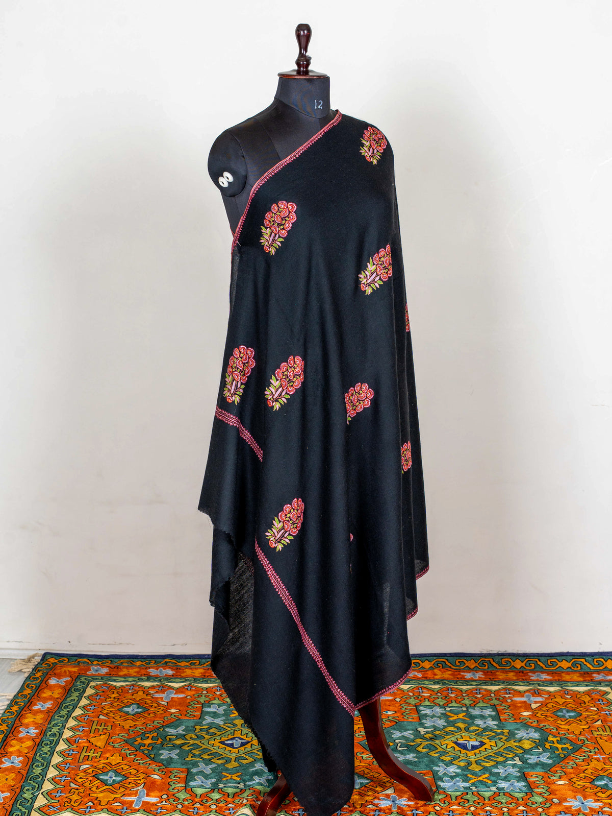 Crimson Bouquet Pure Pashmina Hand Embroidered Sozni Shawl