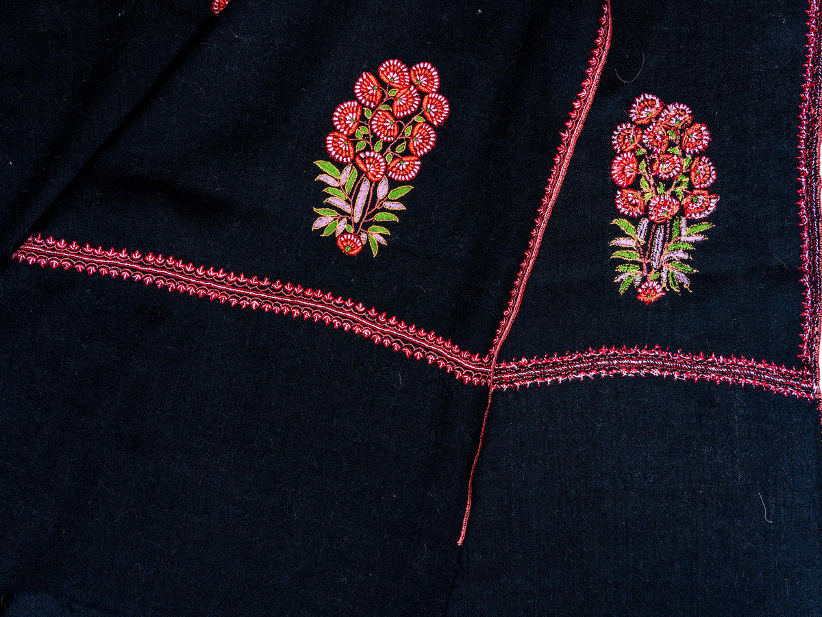 Crimson Bouquet Pure Pashmina Hand Embroidered Sozni Shawl