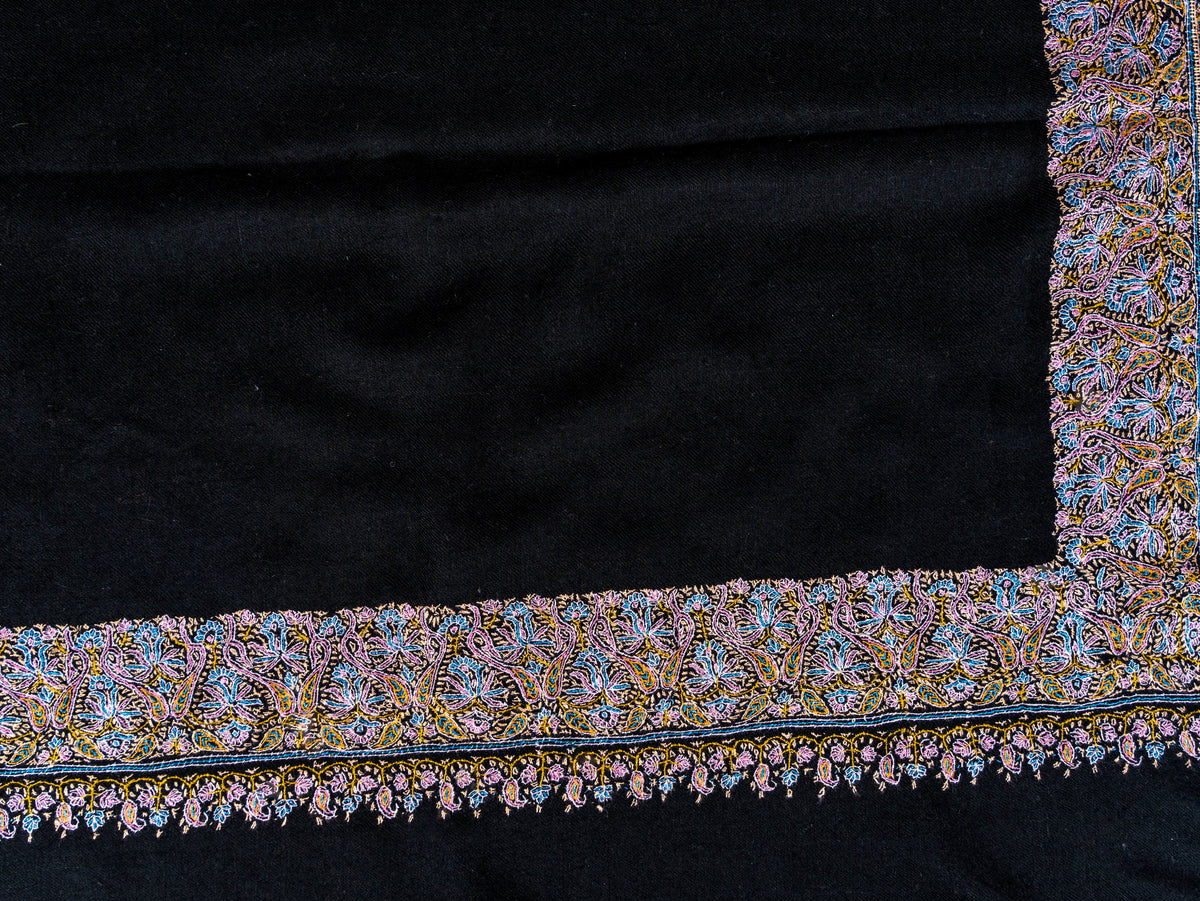 Midnight Paisley Pure Pashmina Hand Embroidered Sozni Shawl