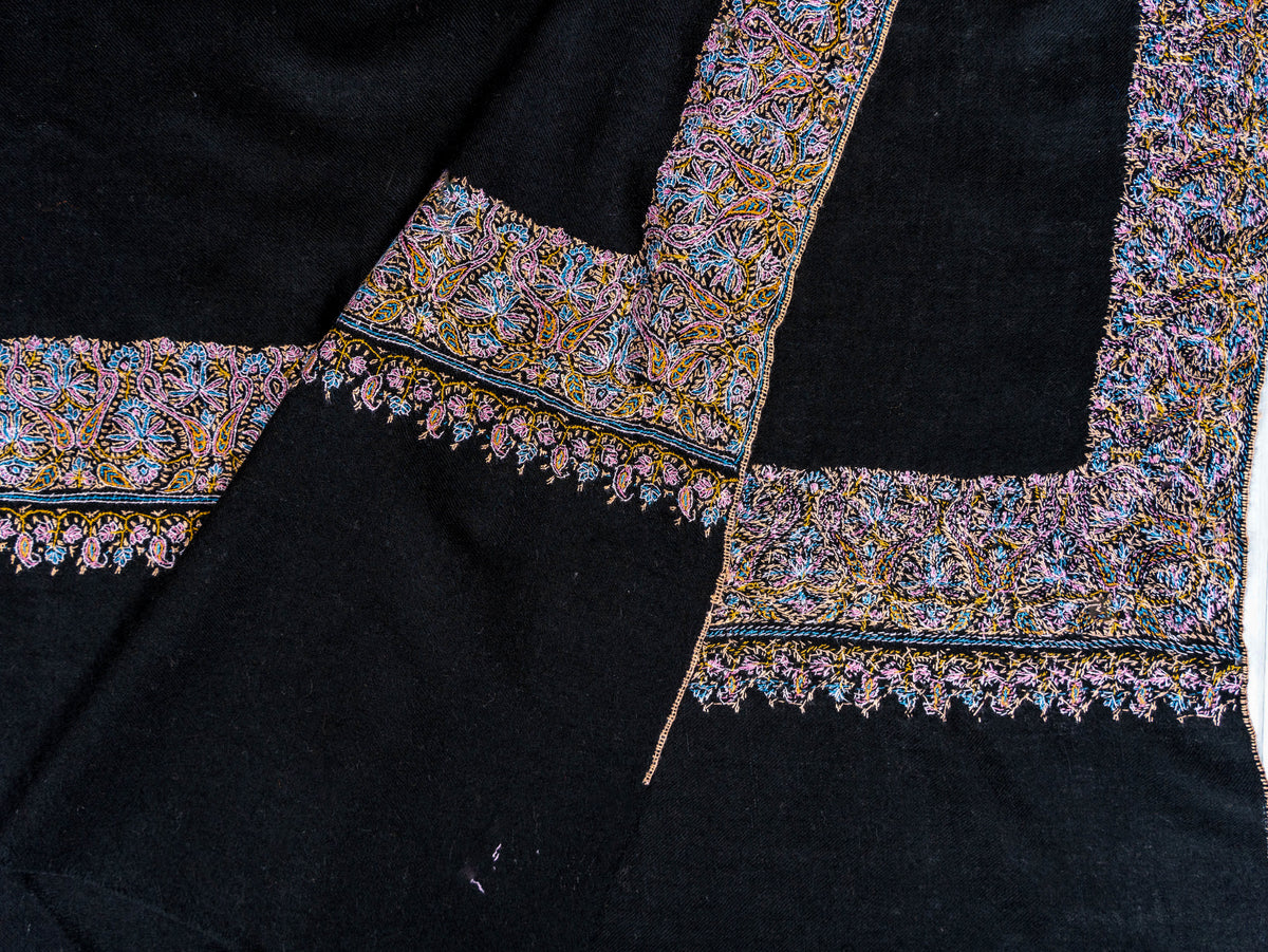 Midnight Paisley Pure Pashmina Hand Embroidered Sozni Shawl